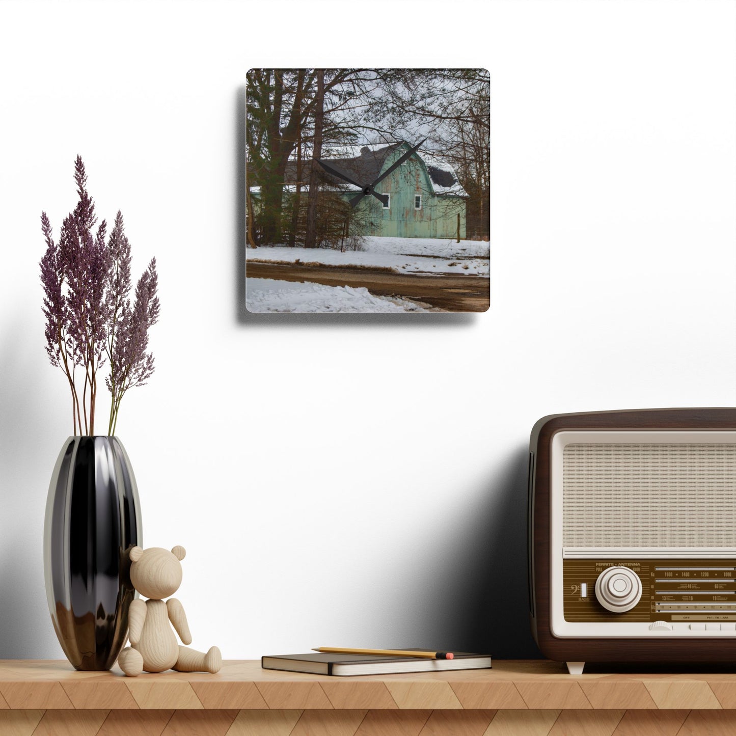 U R There Photography Hunters Creek Meadow Green Rustic Farmhouse Acrylic Analog Wall Clock