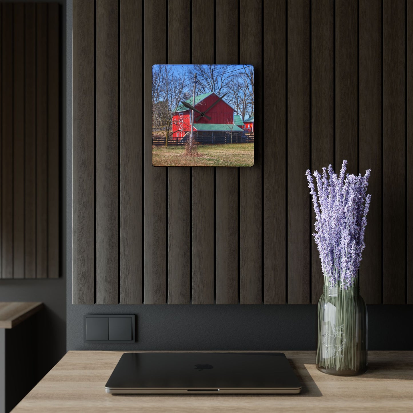 U R There Photography Imlay City Road Cow Barn II Rustic Farmhouse Acrylic Analog Wall Clock