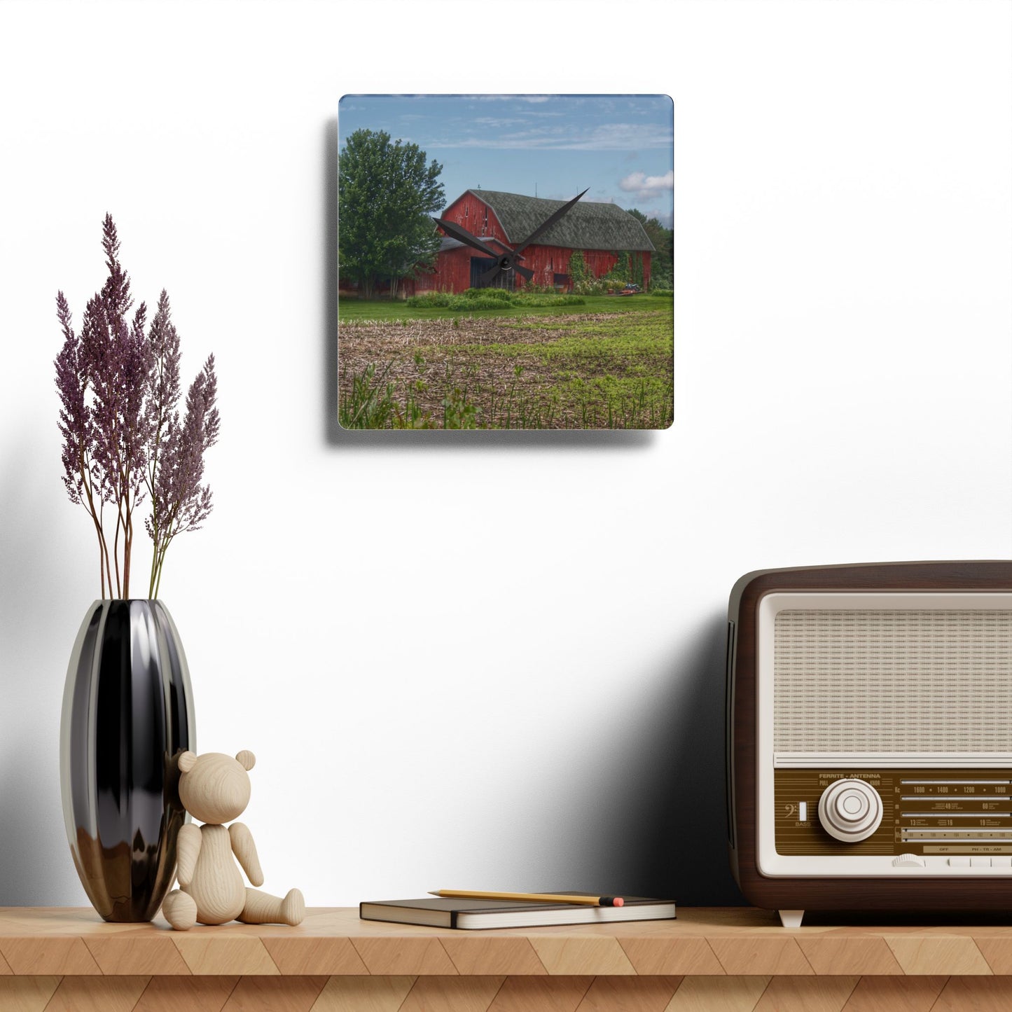 U R There Photography Murphy Lake Road Reds Rustic Farmhouse Acrylic Analog Wall Clock