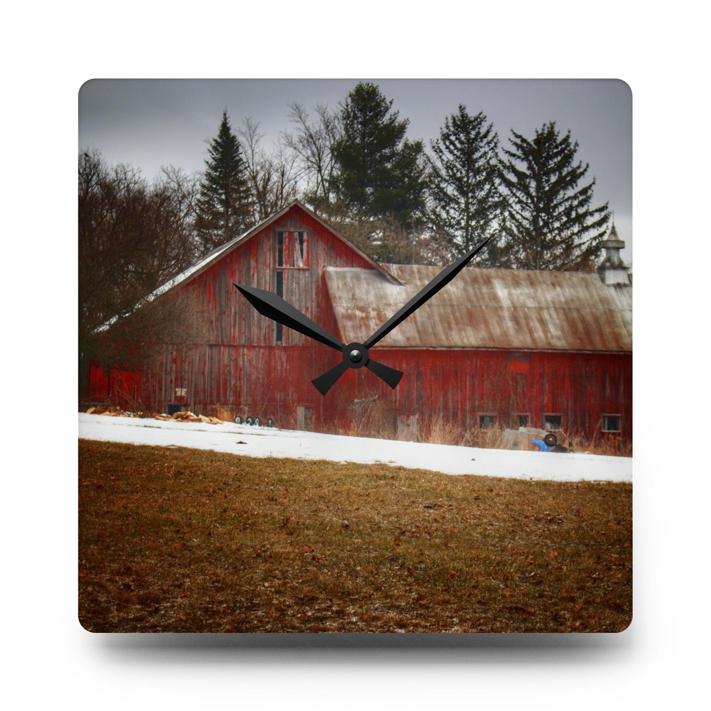 U R There Photography Blacks Corners Road Red Rustic Farmhouse Acrylic Analog Wall Clock
