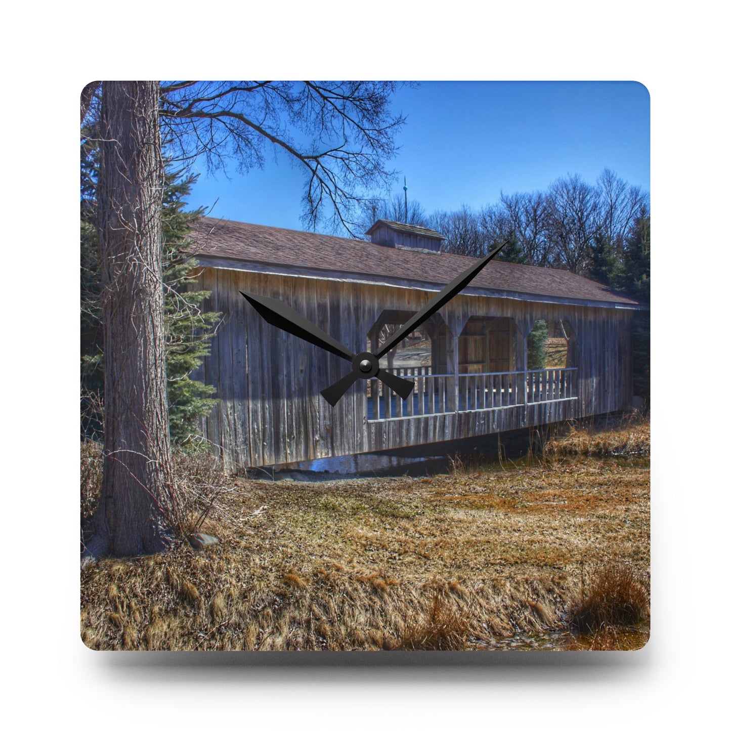 U R There Photography Covered Bridge of Campground Road I Rustic Farmhouse Acrylic Analog Wall Clock