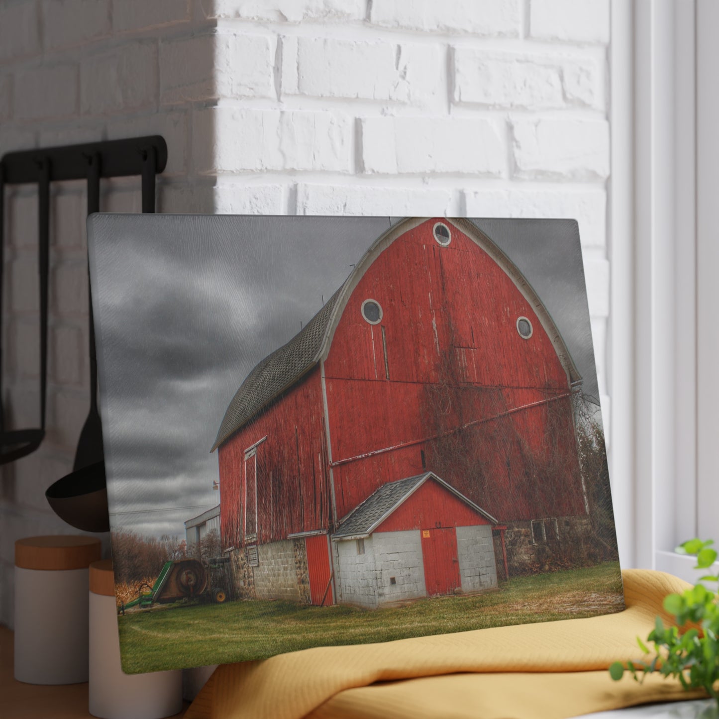U R There Photography Slattery Road Fieldstone Red Rustic Farmhouse Tempered-Glass Cutting Board