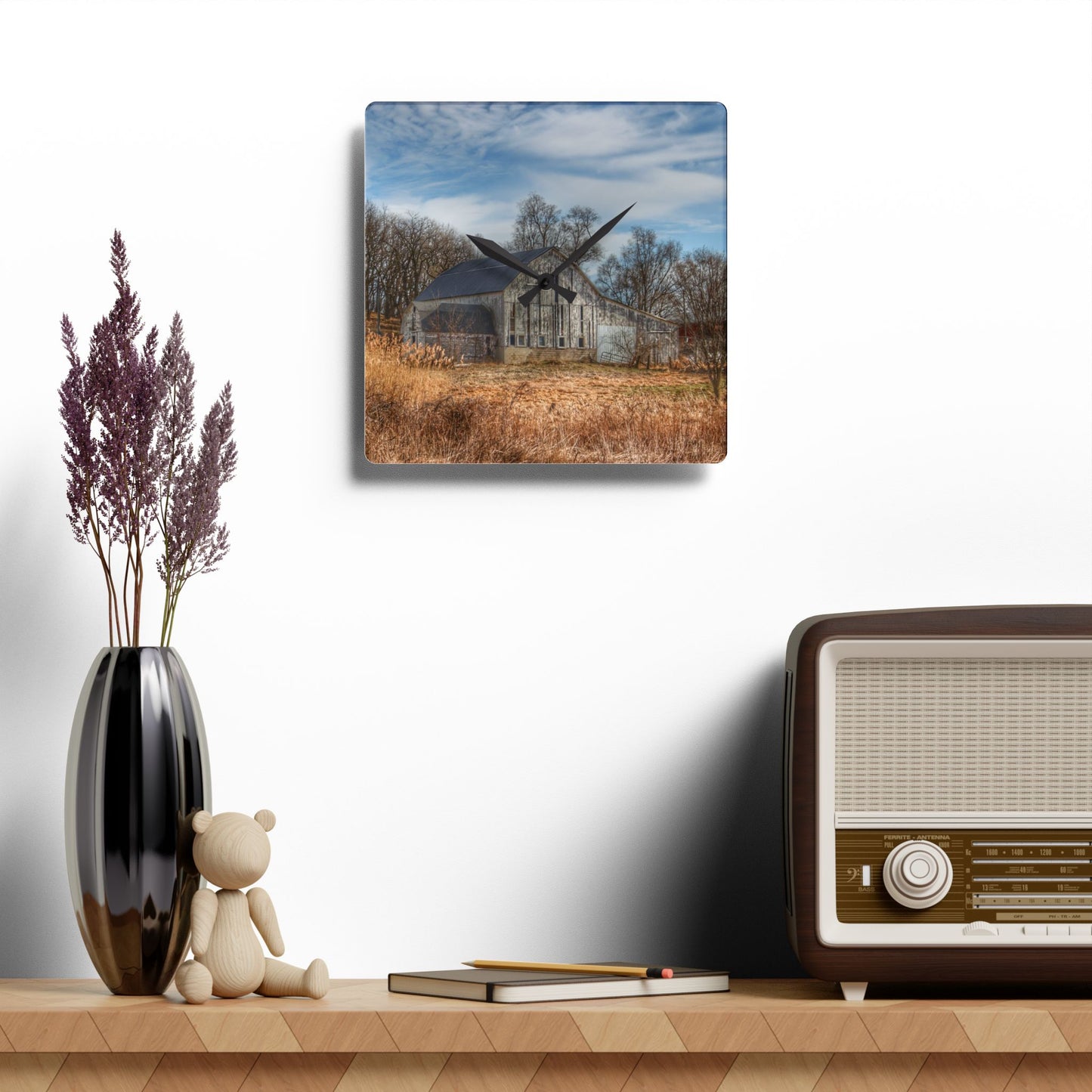 U R There Photography Newark Road White I Rustic Farmhouse Acrylic Analog Wall Clock