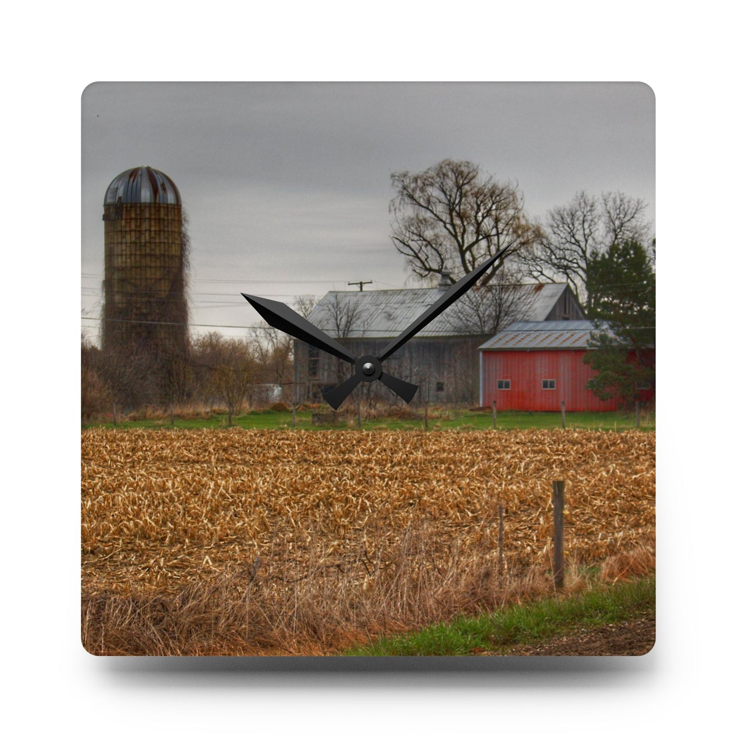 U R There Photography Dryden Road Gable Grey and Silo Rustic Farmhouse Acrylic Analog Wall Clock