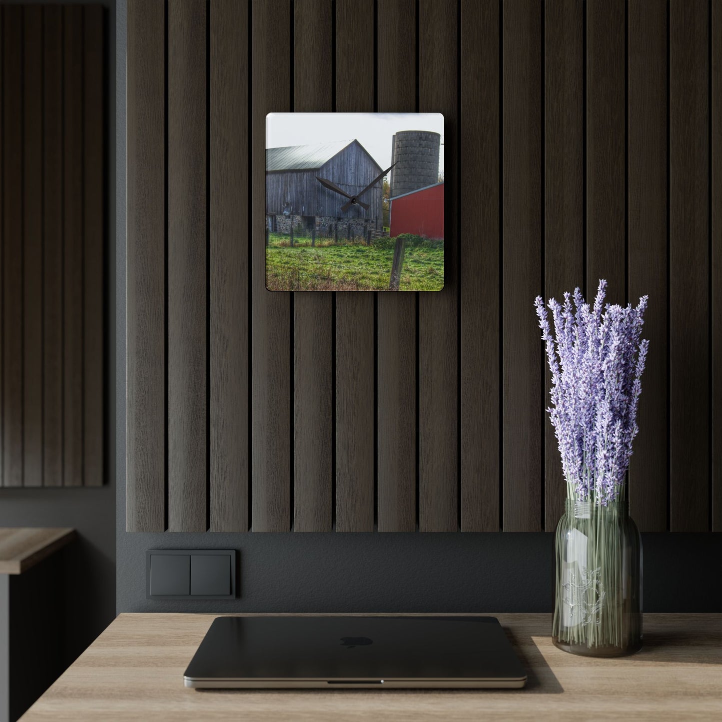 U R There Photography Slattery Road Fieldstone Grey Rustic Farmhouse Acrylic Analog Wall Clock