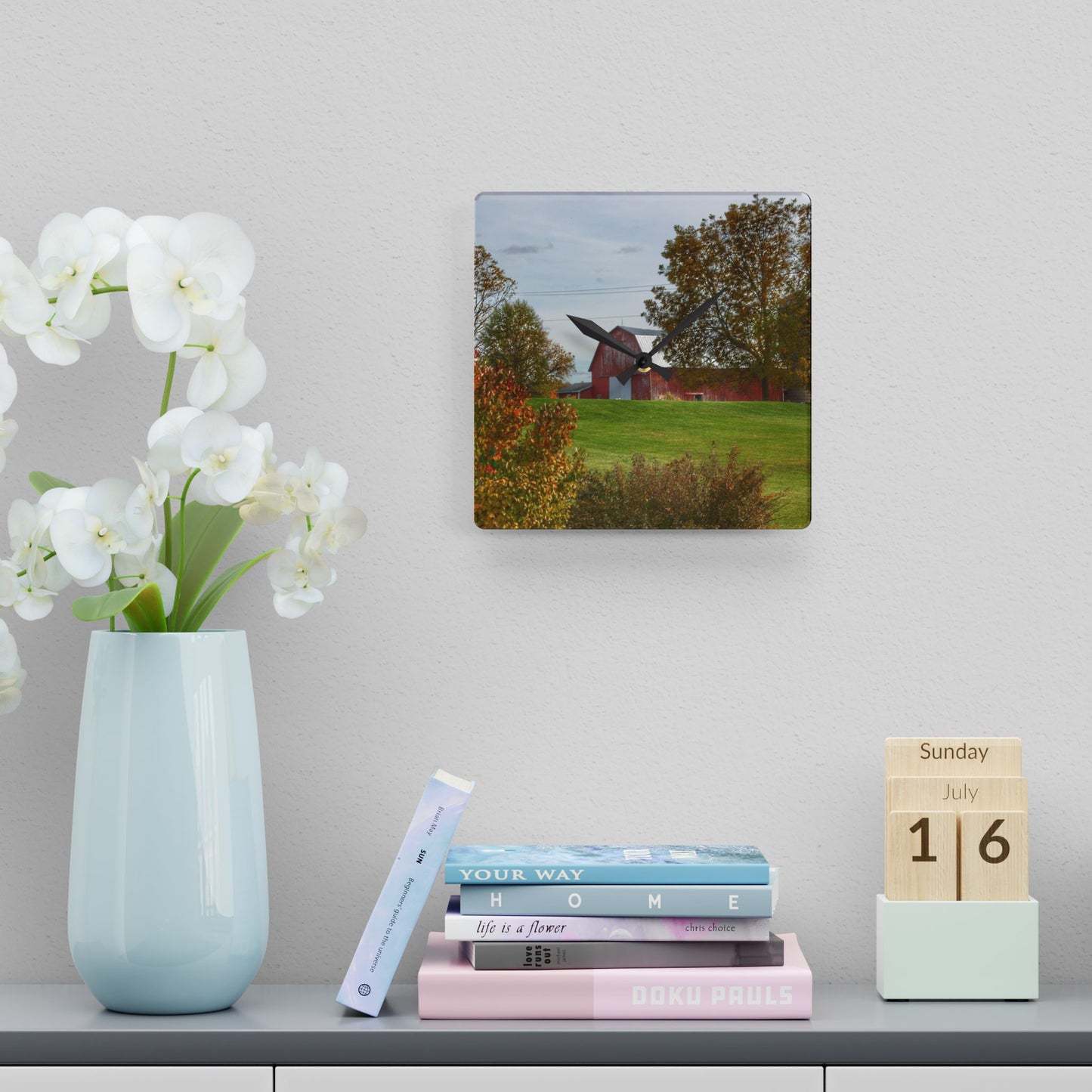 U R There Photography Maple Leaf Road Red Rustic Farmhouse Acrylic Analog Wall Clock