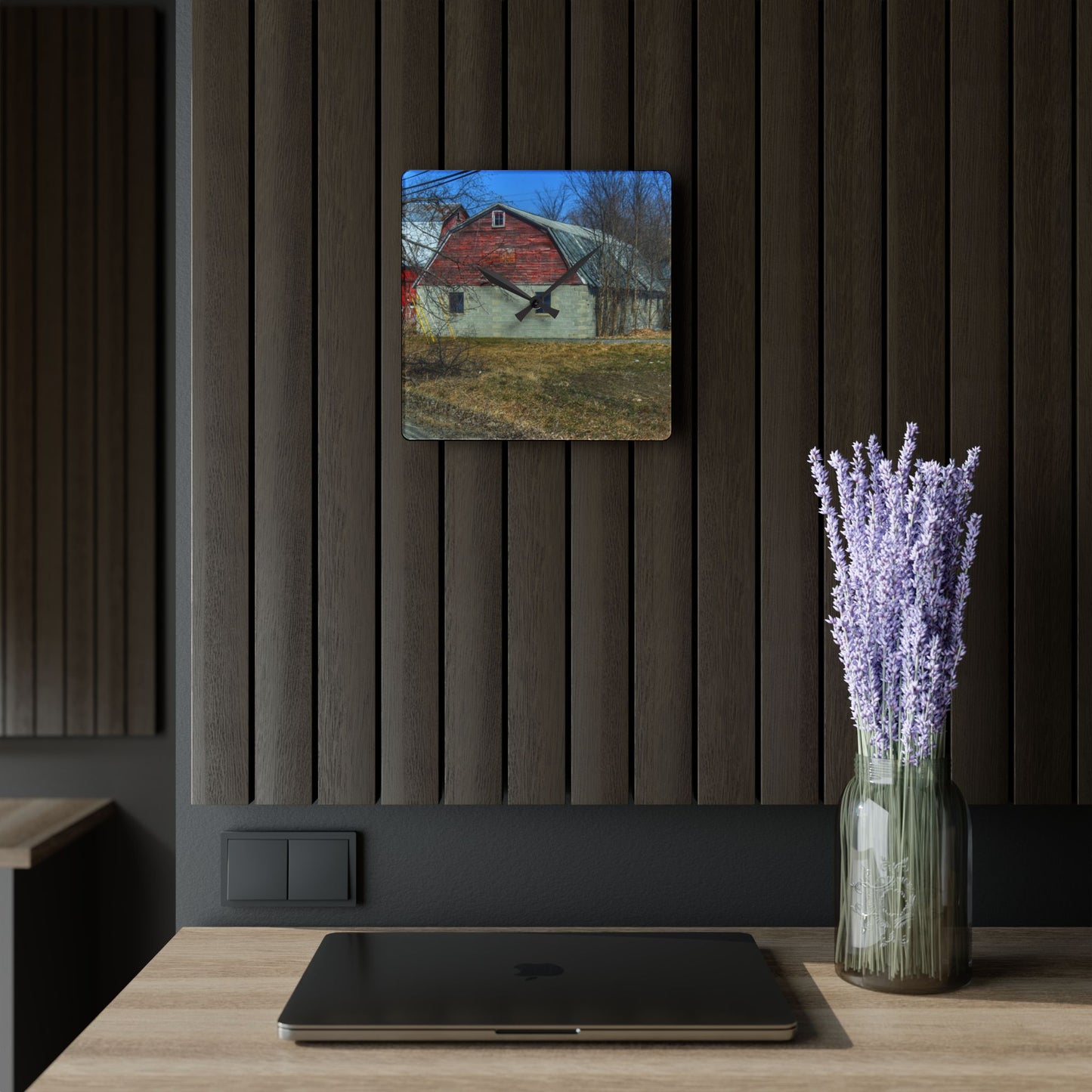 U R There Photography Indian Trail Block Barn at the Bend Rustic Farmhouse Acrylic Analog Wall Clock