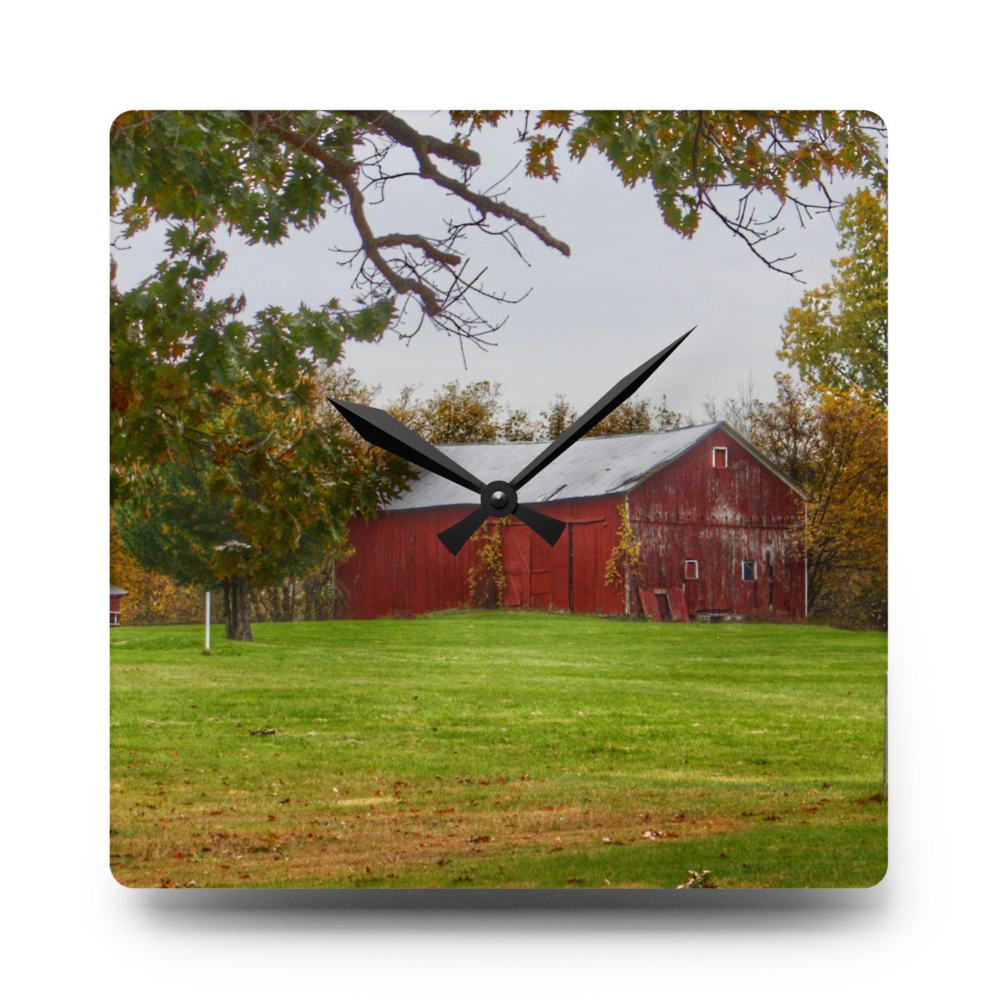 U R There Photography Hill Road Roadside Red Rustic Farmhouse Acrylic Analog Wall Clock