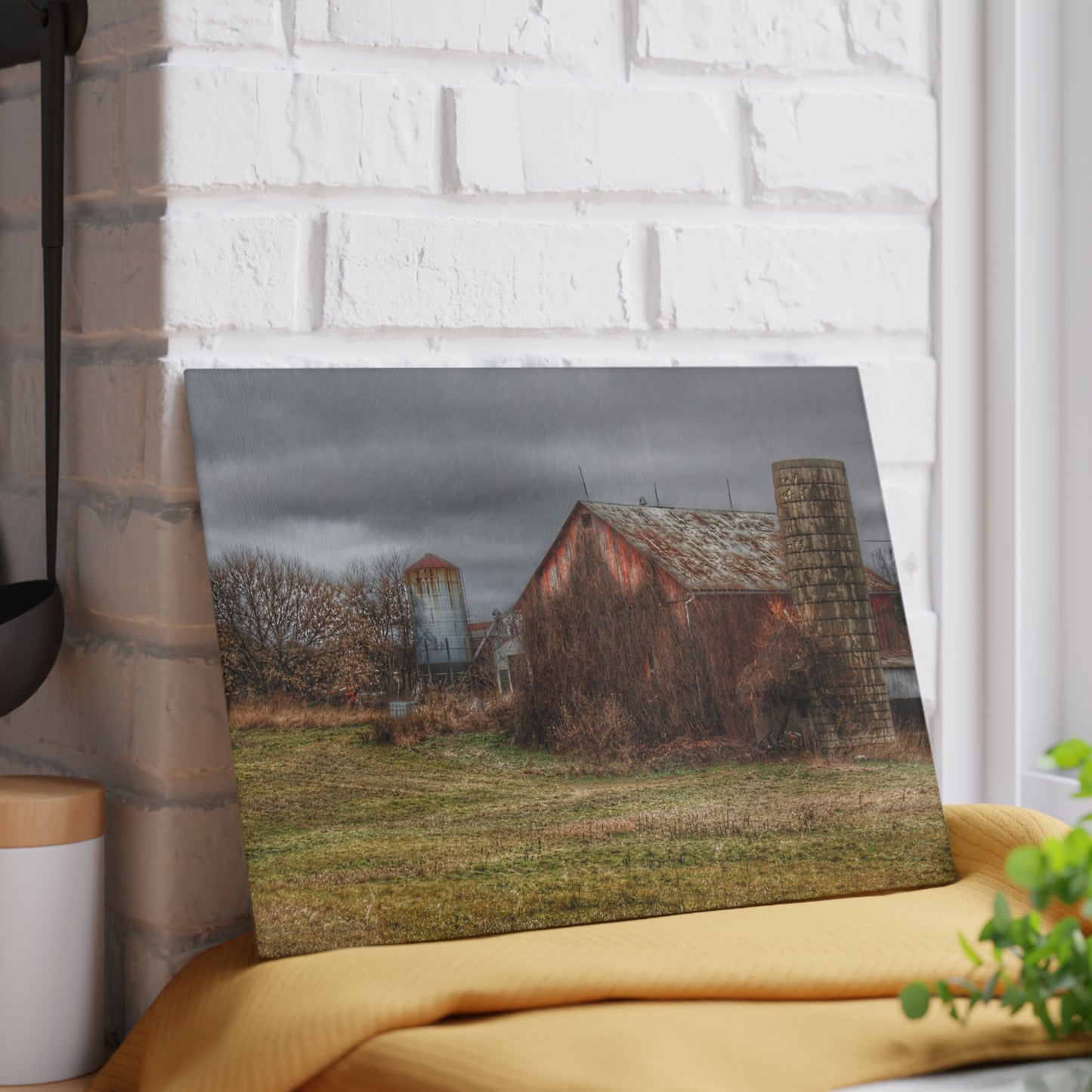 U R There Photography Slattery Road Old Red and Silo II Rustic Farmhouse Tempered-Glass Cutting Board 8"x 11"d