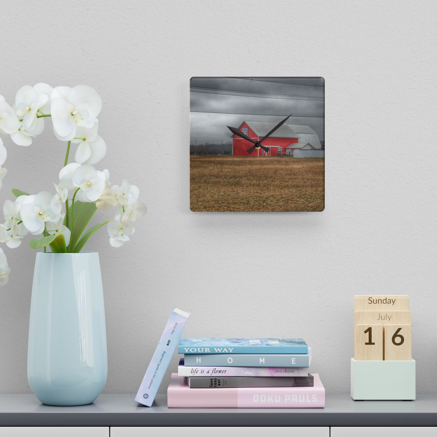 U R There Photography Barnes Road Quilted Red Rustic Farmhouse Acrylic Analog Wall Clock