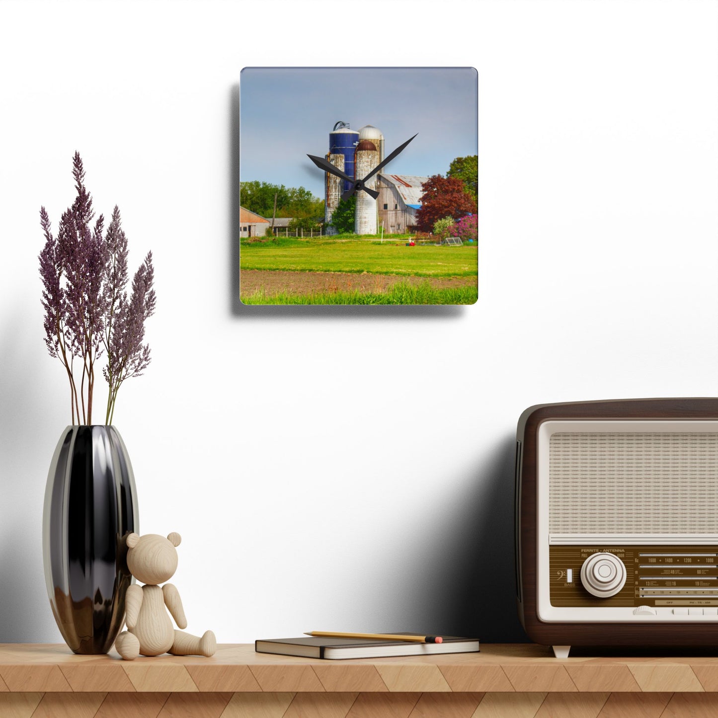 U R There Photography M-25 Old Grey and Silos Rustic Farmhouse Acrylic Analog Wall Clock
