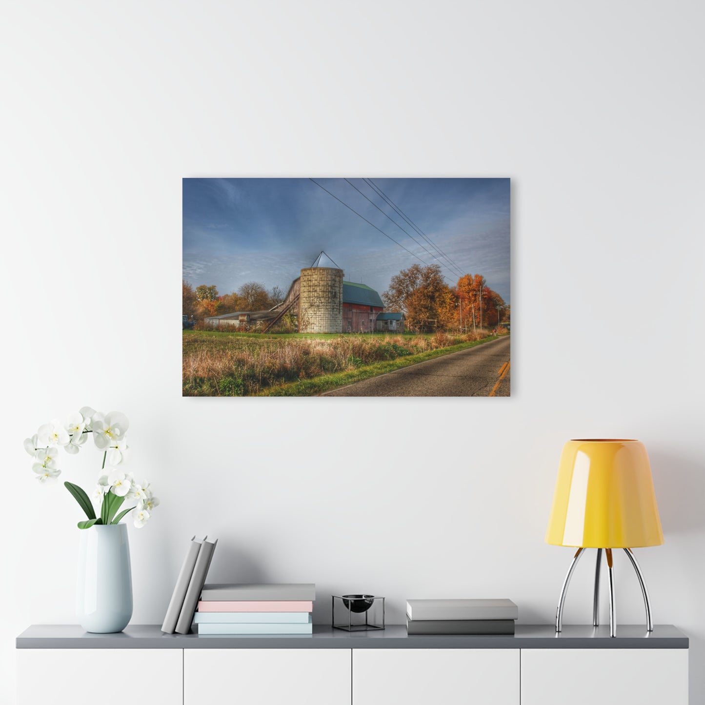 U R There Photography Plumb Creek Road Red in Fall I Rustic Farmhouse Acrylic Wall Print