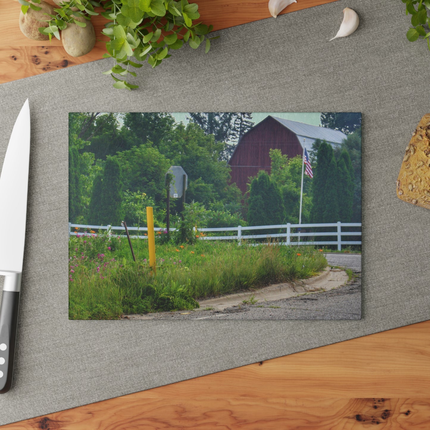 U R There Photography Sutton Road Red and Old Glory Rustic Farmhouse Tempered-Glass Cutting Board