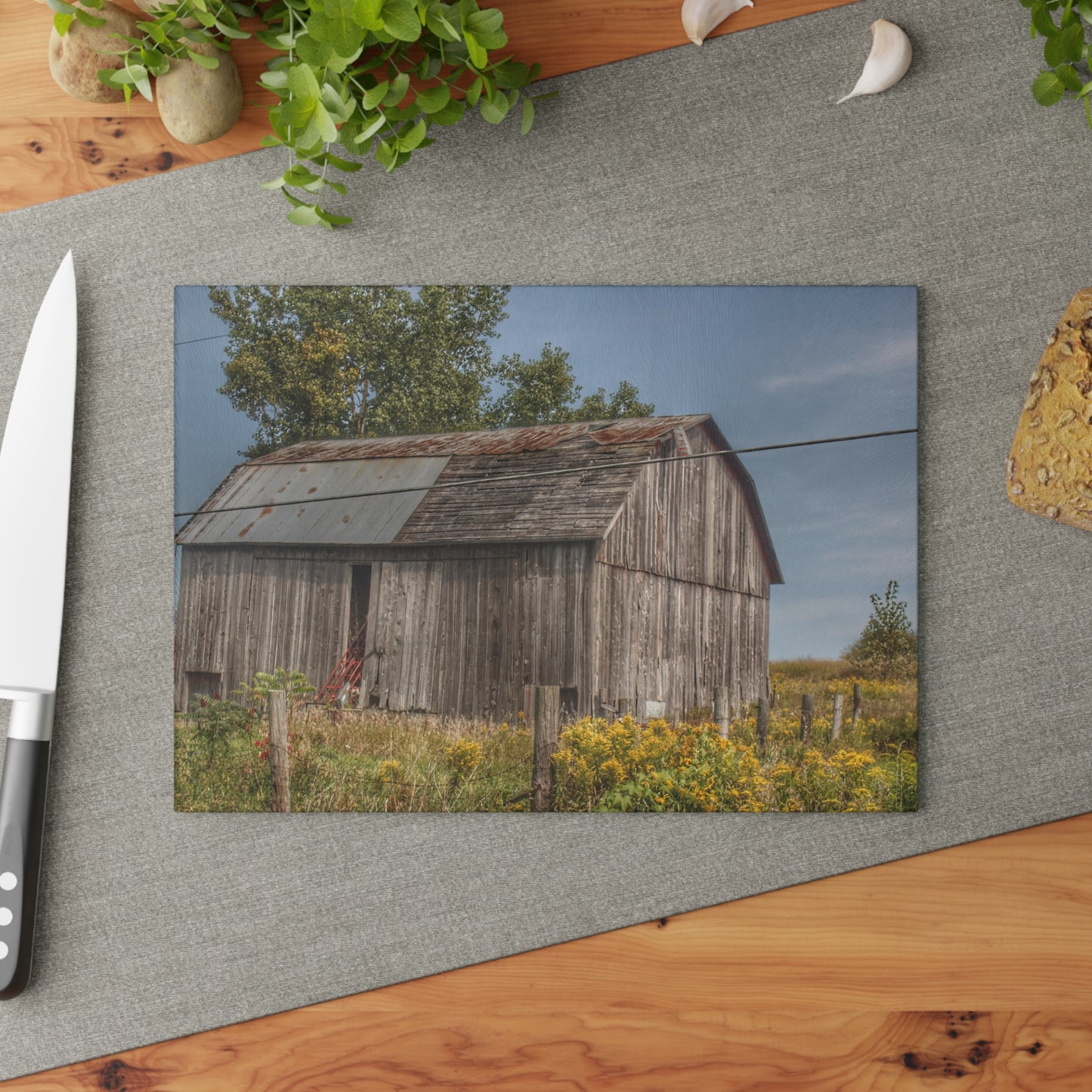 U R There Photography Schott Road Grey I Rustic Farmhouse Tempered-Glass Cutting Board