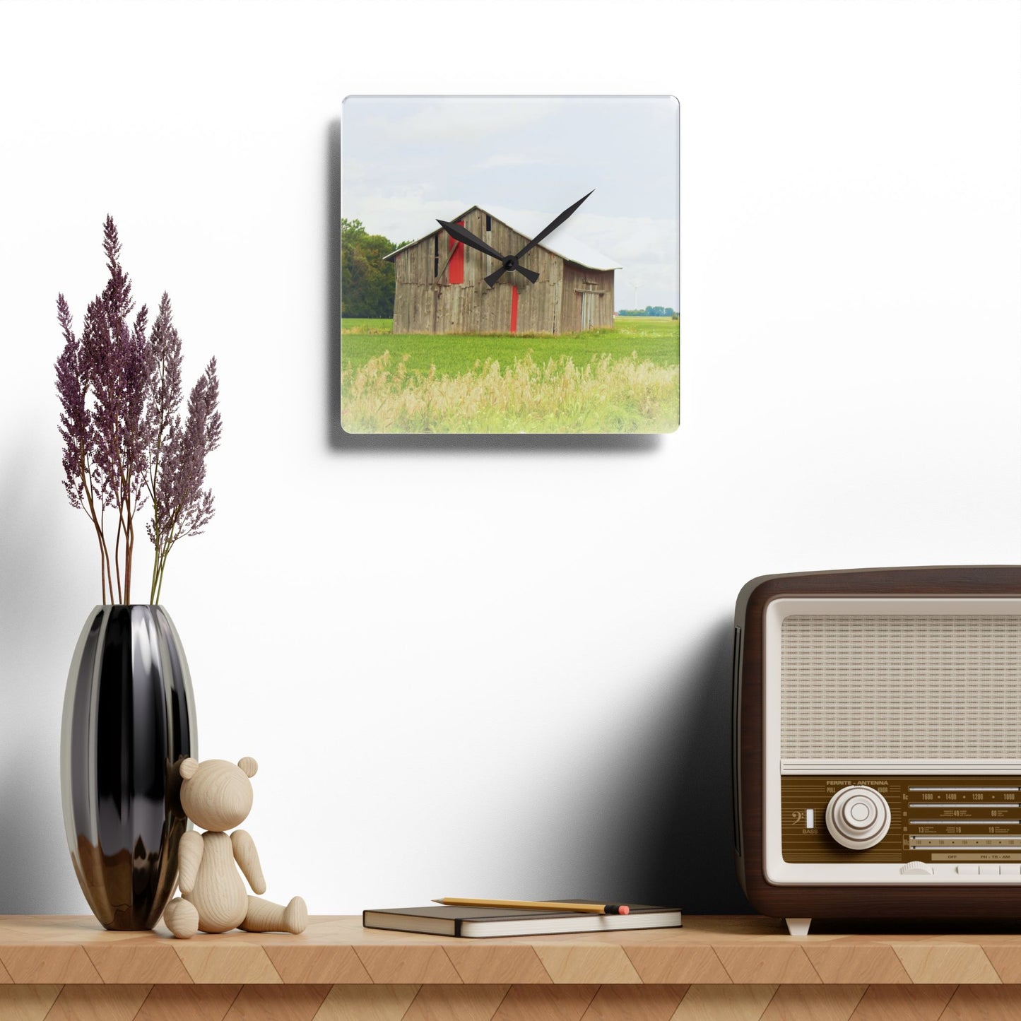 U R There Photography Square Barn with Barn in the Distance Rustic Farmhouse Acrylic Analog Wall Clock