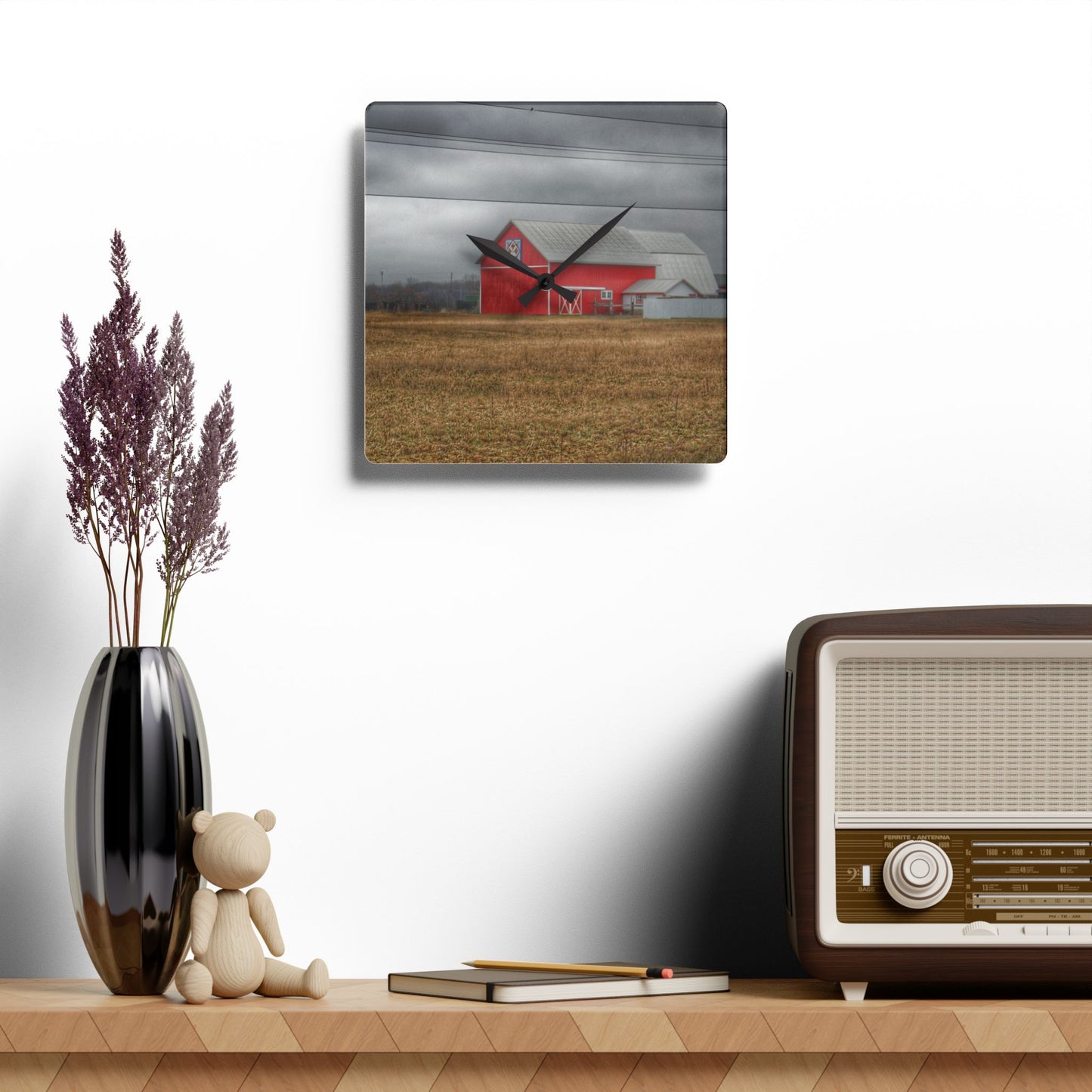 U R There Photography Barnes Road Quilted Red Rustic Farmhouse Acrylic Analog Wall Clock