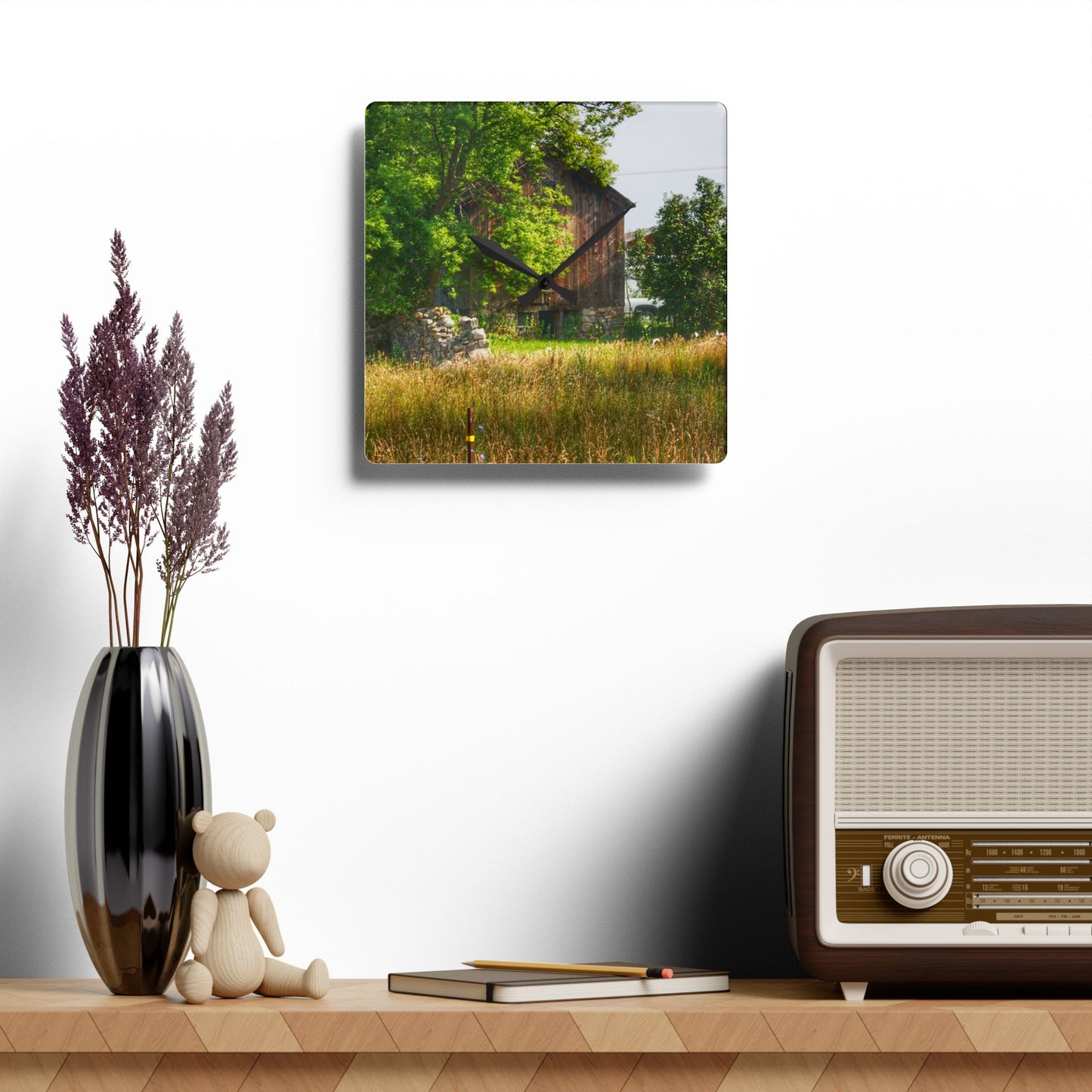 U R There Photography Lum Hidden Fieldstone Red Rustic Farmhouse Acrylic Analog Wall Clock