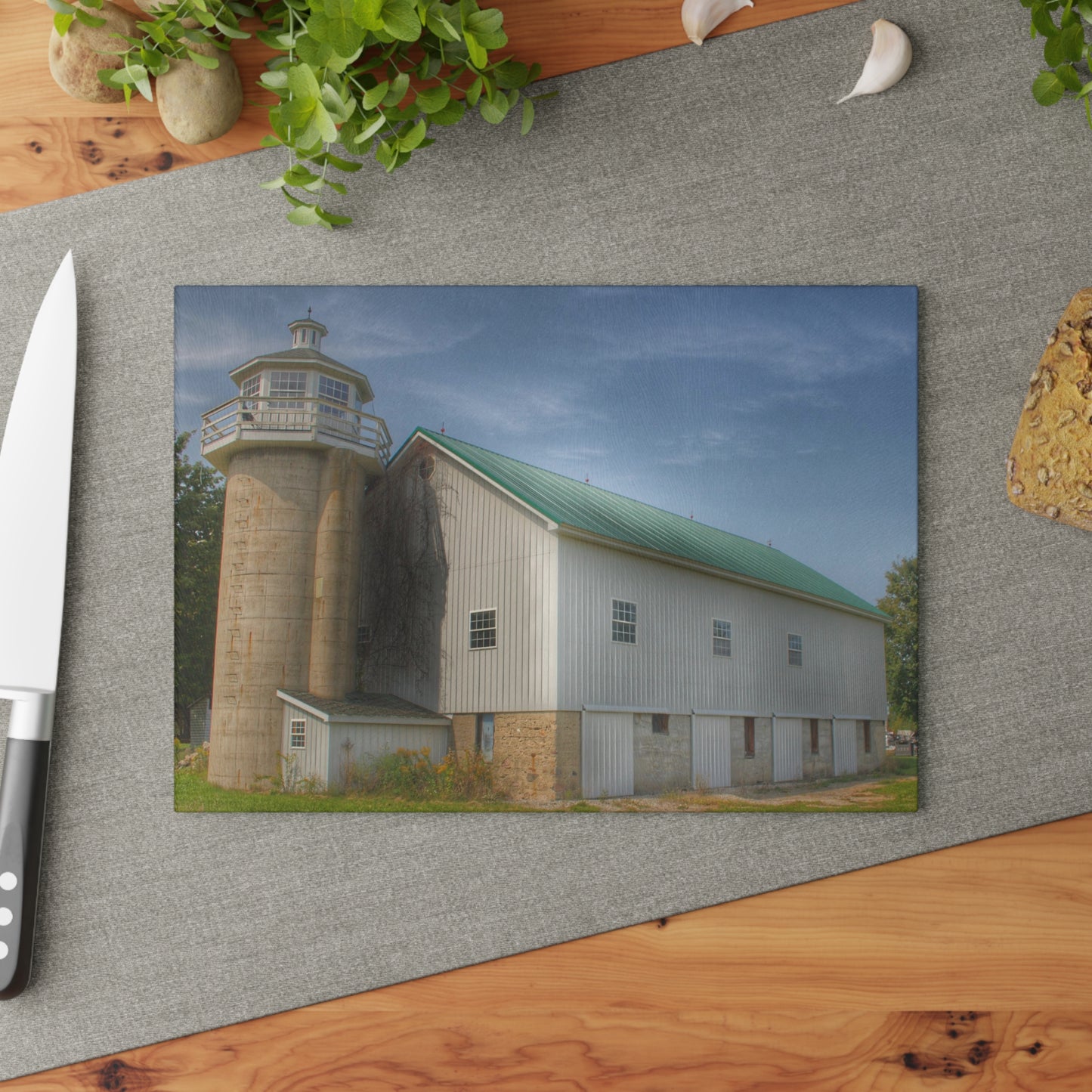 U R There Photography Phelps Road Lighthouse Barn I Rustic Farmhouse Tempered-Glass Cutting Board