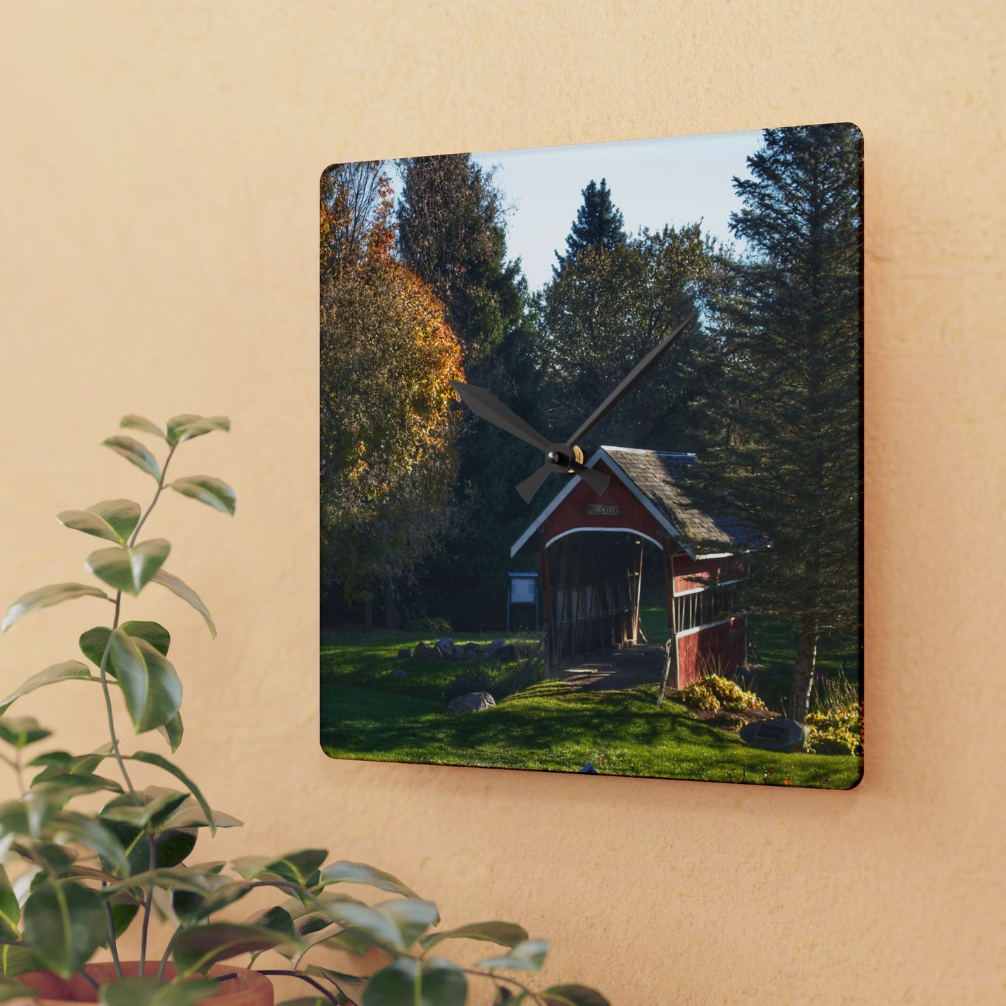 U R There Photography Hadley Covered Bridge II Rustic Farmhouse Acrylic Analog Wall Clock