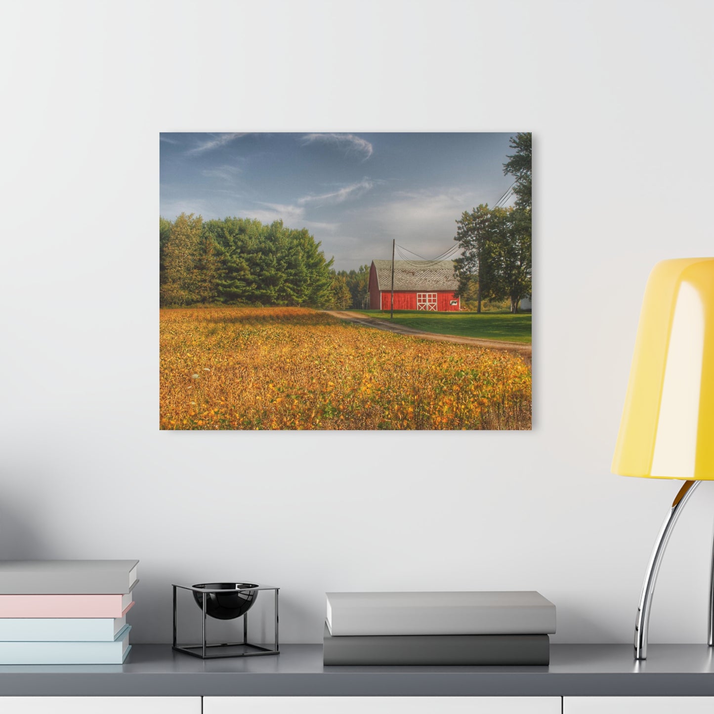 U R There Photography Red Barn on Golden Field Rustic Farmhouse Acrylic Analog Wall Clock