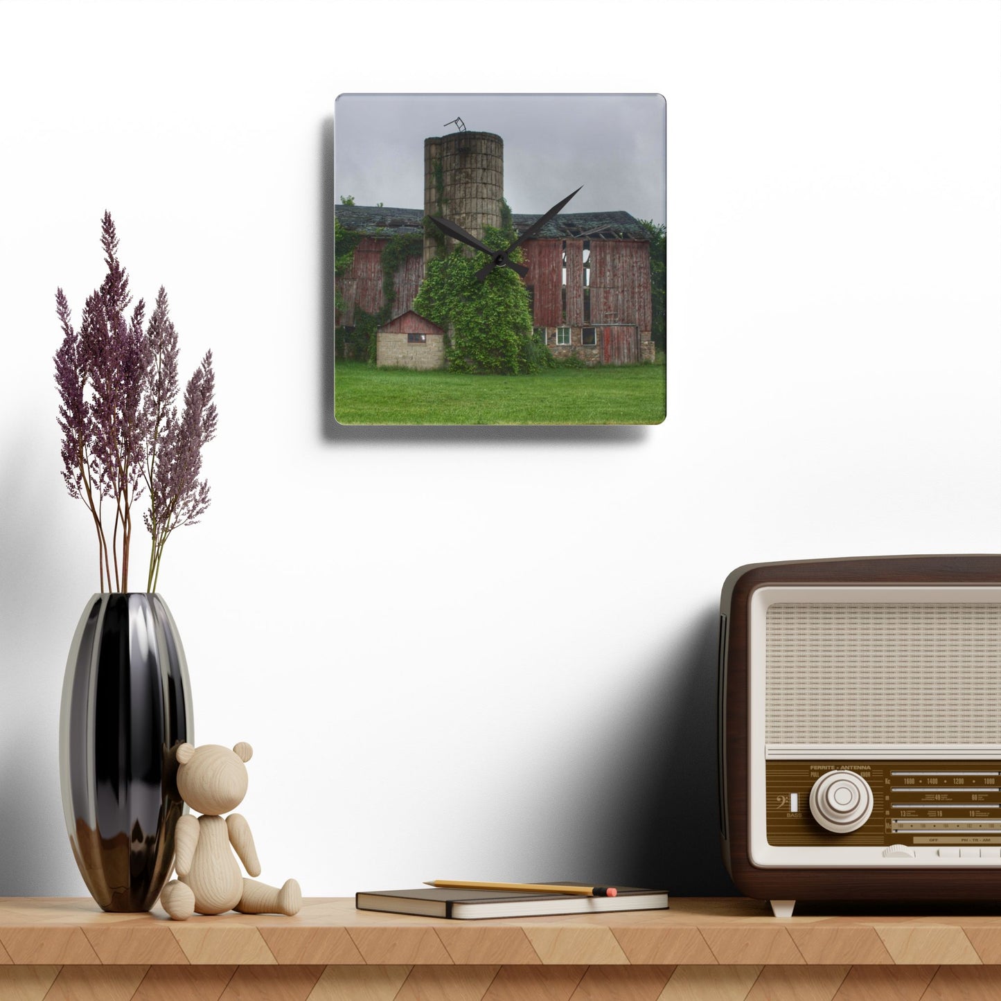 U R There Photography Imlay City Road Red I Rustic Farmhouse Acrylic Analog Wall Clock