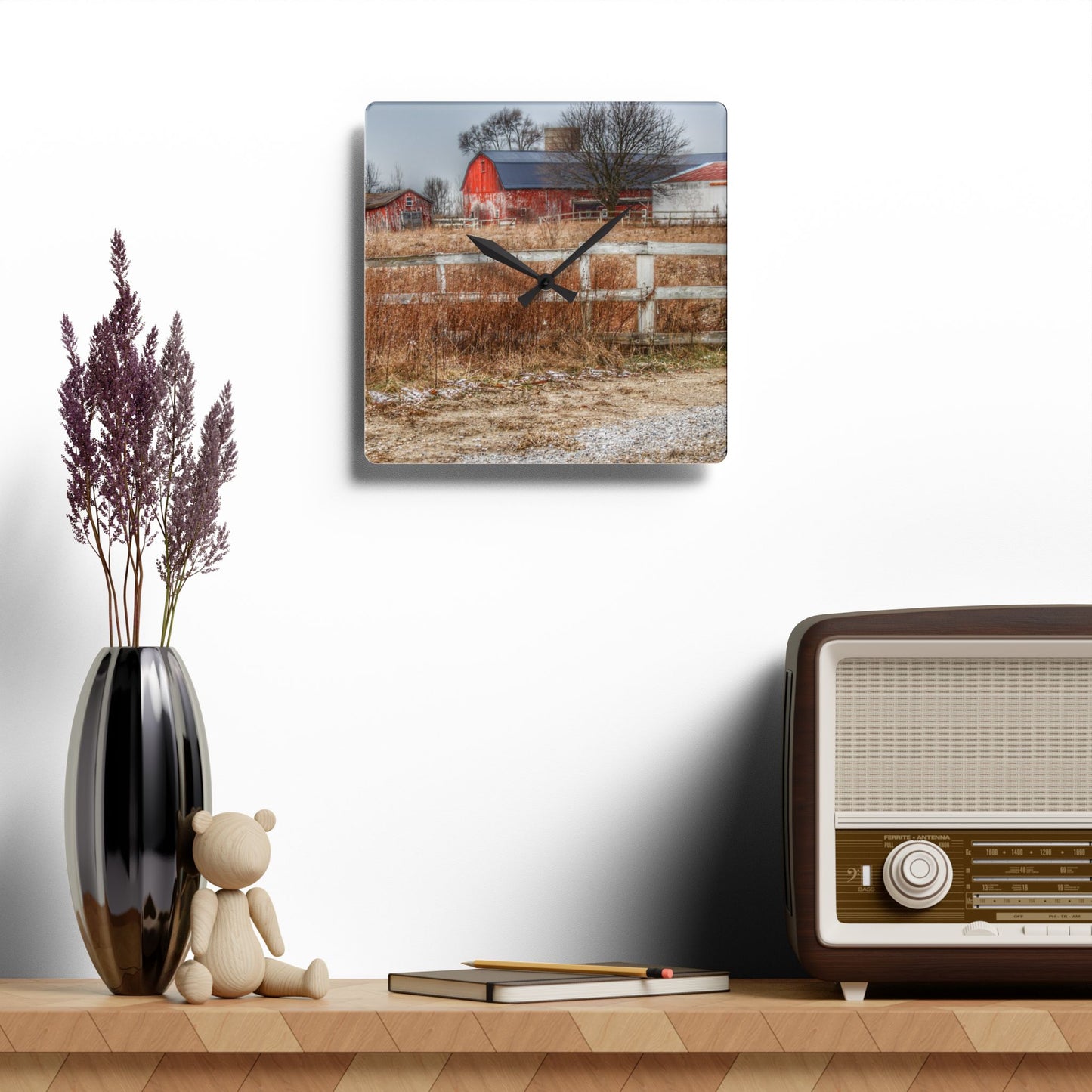 U R There Photography Mound Road Reds Rustic Farmhouse Acrylic Analog Wall Clock