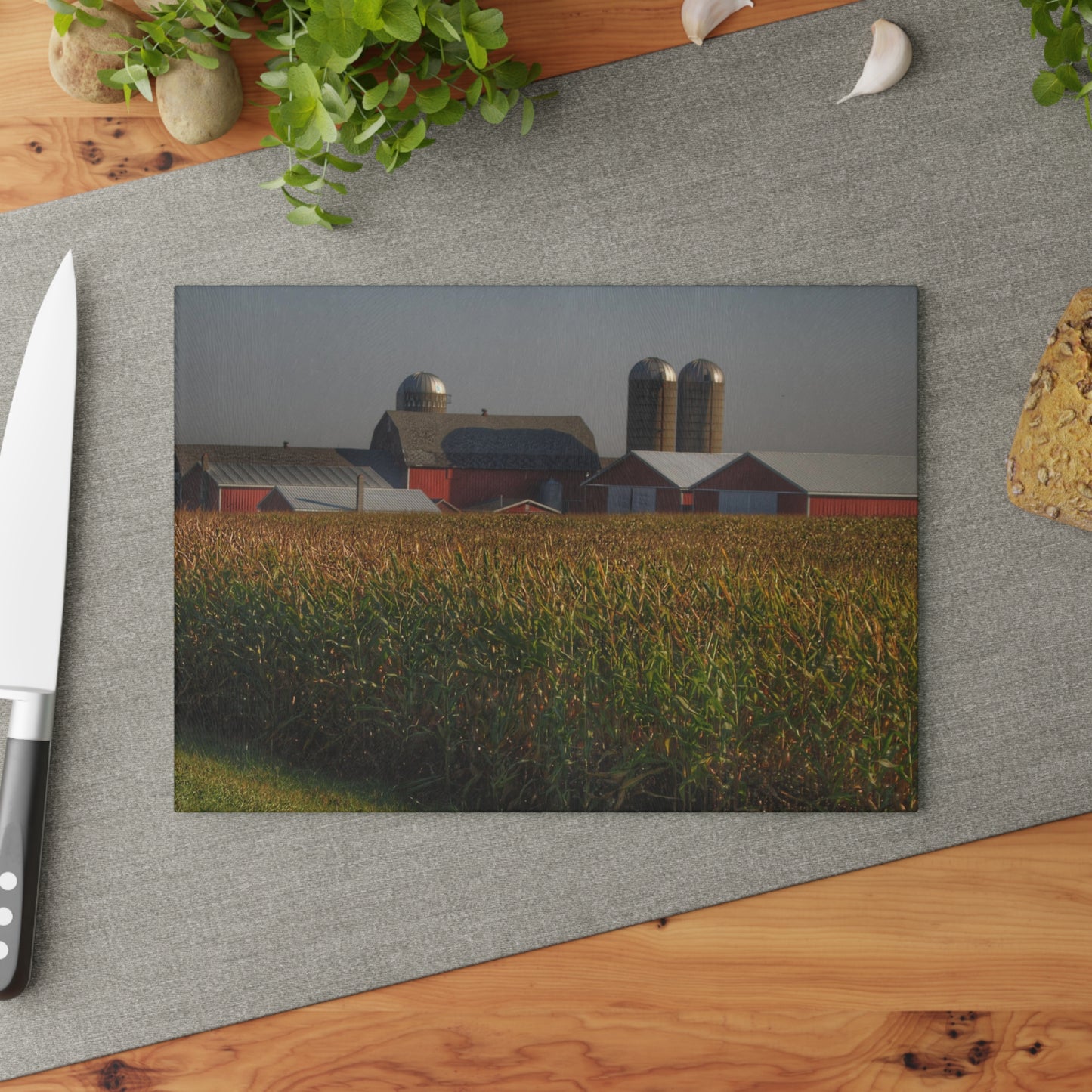 U R There Photography Slattery Road Farm and Cornfield II Rustic Farmhouse Tempered-Glass Cutting Board