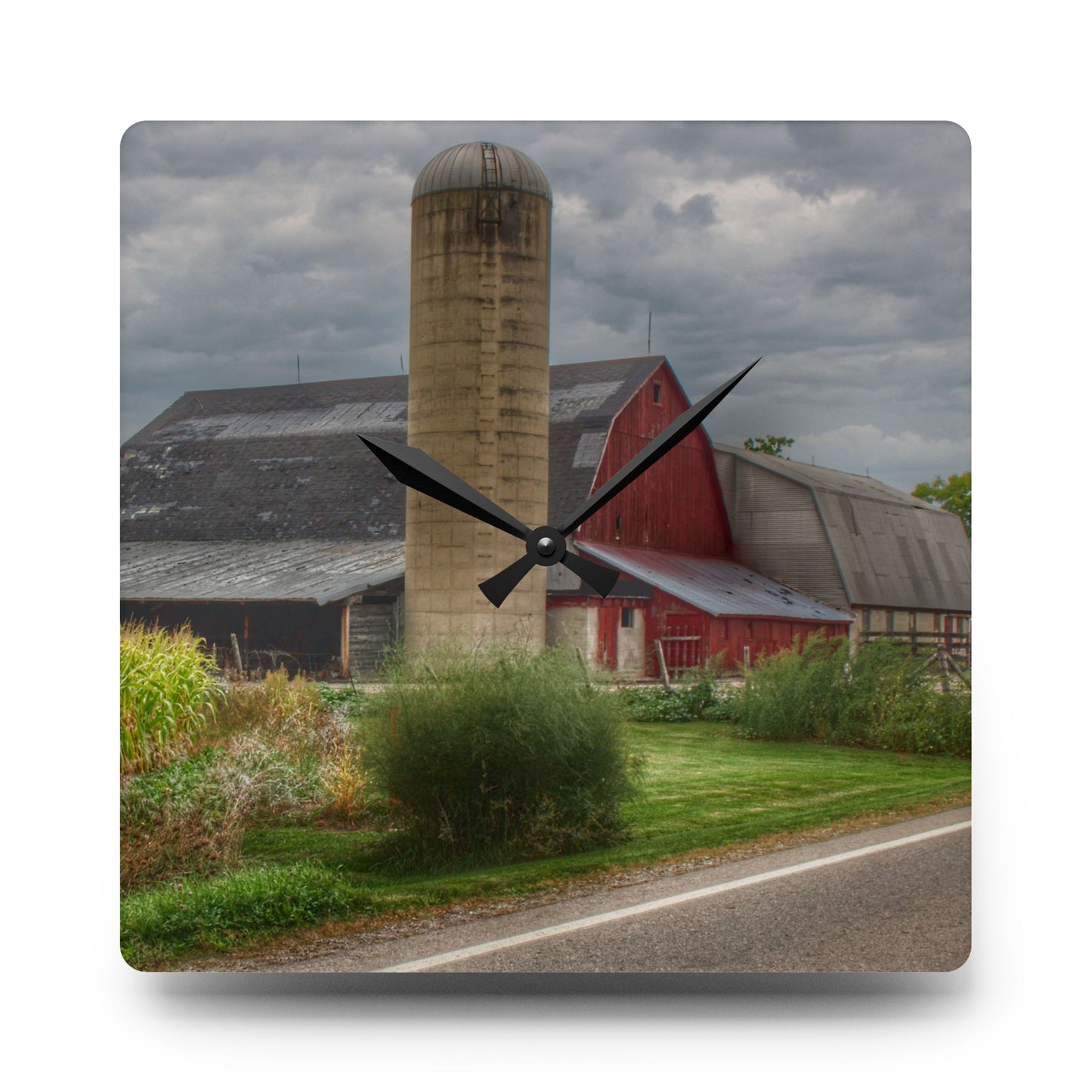 U R There Photography Lake Pleasant Road Little Red and Silo II Rustic Farmhouse Acrylic Analog Wall Clock
