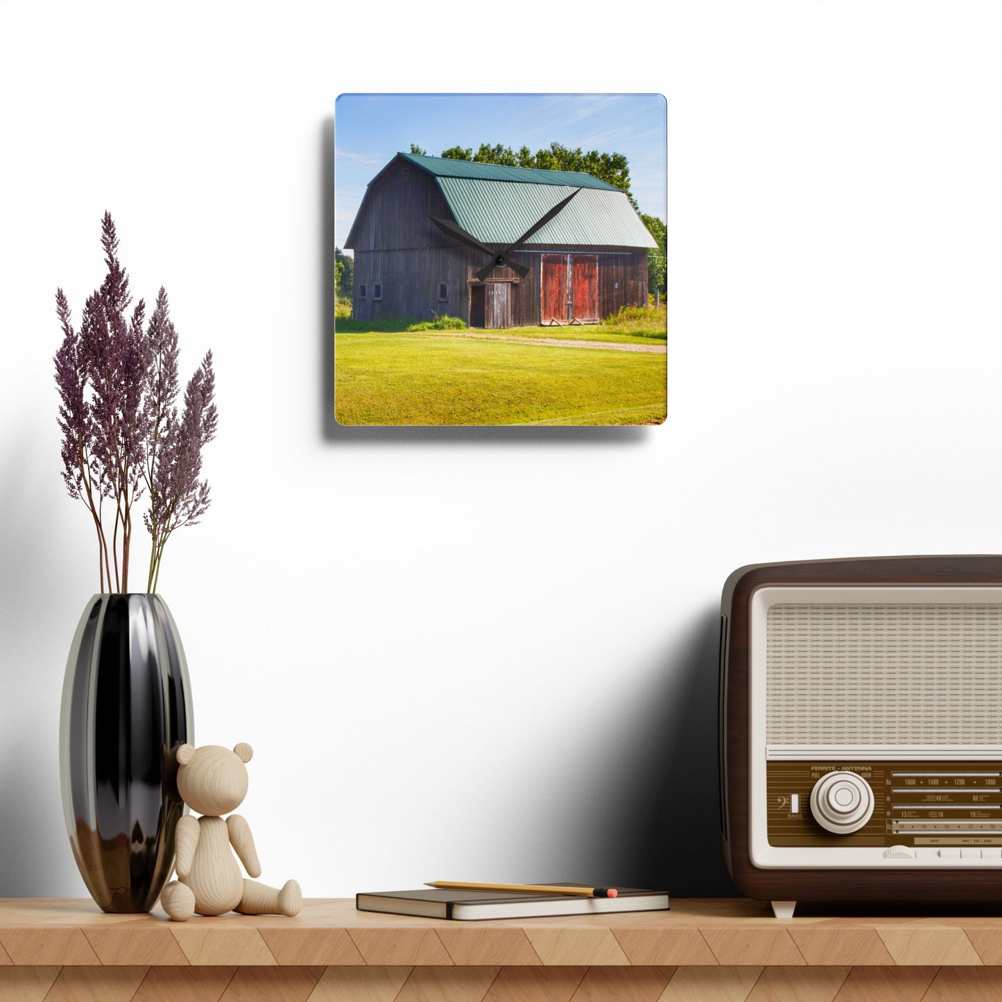 U R There Photography Red Door Barn of Mount Morris Road Rustic Farmhouse Acrylic Analog Wall Clock