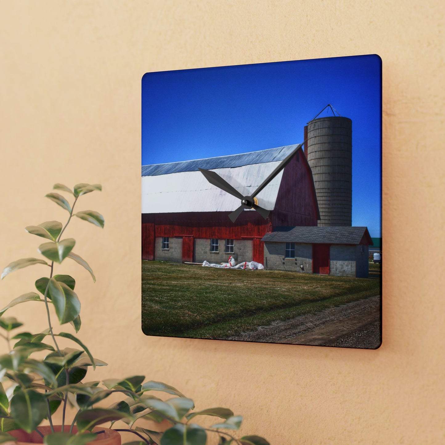 U R There Photography Burt Road Red and Silo Rustic Farmhouse Acrylic Analog Wall Clock