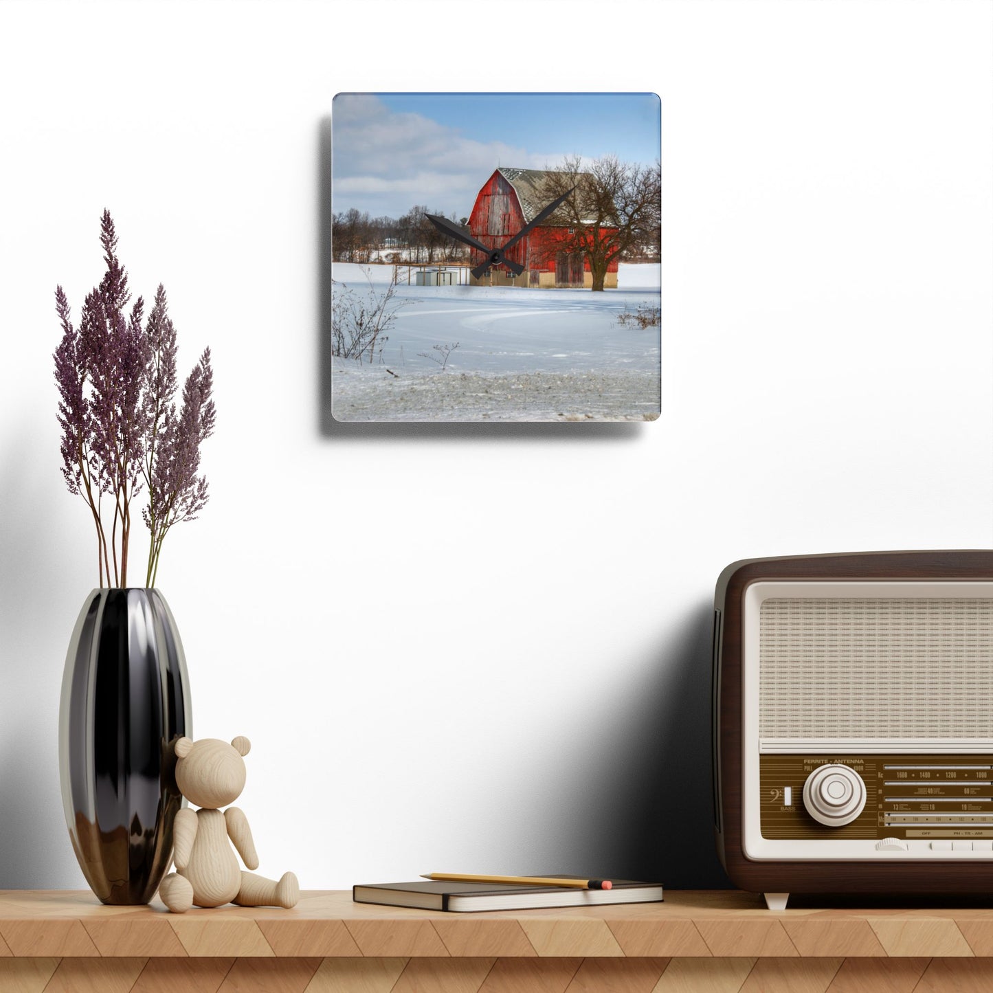 U R There Photography Oregon Road Hillside Red Rustic Farmhouse Acrylic Analog Wall Clock