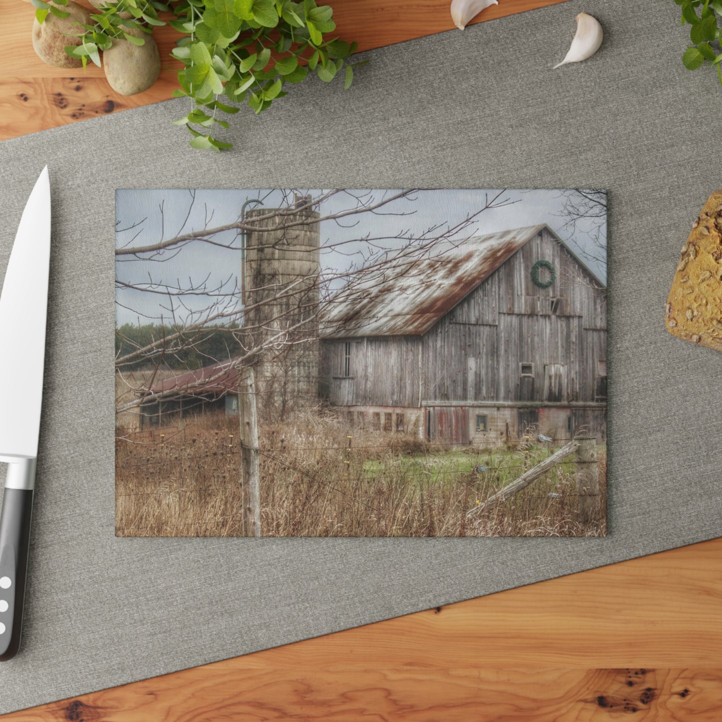 U R There Photography Churchill Christmas Barn I Rustic Farmhouse Tempered-Glass Cutting Board