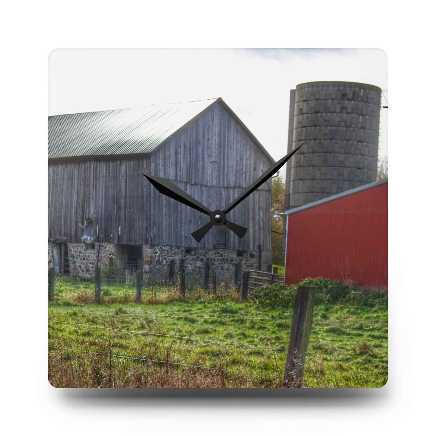 U R There Photography Slattery Road Fieldstone Grey Rustic Farmhouse Acrylic Analog Wall Clock