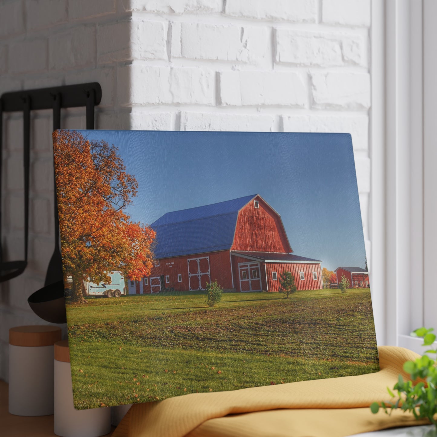 U R There Photography Shoemaker Road Red Rustic Farmhouse Tempered-Glass Cutting Board
