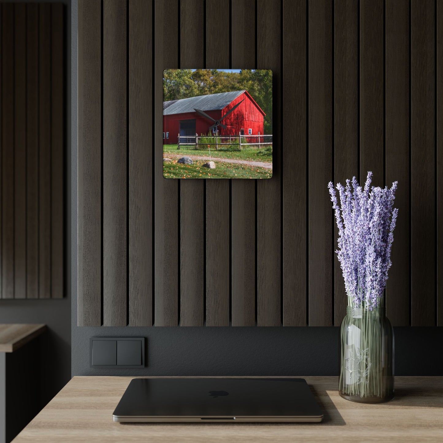 U R There Photography Hough Road Red II Rustic Farmhouse Acrylic Analog Wall Clock