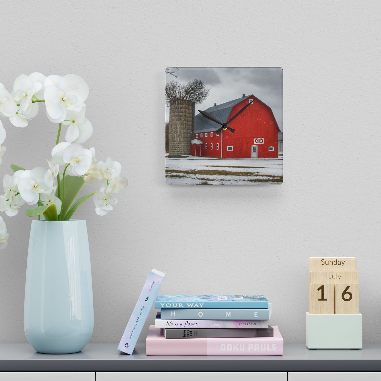 U R There Photography Hollow Corners Red Tree Silo I Rustic Farmhouse Acrylic Analog Wall Clock