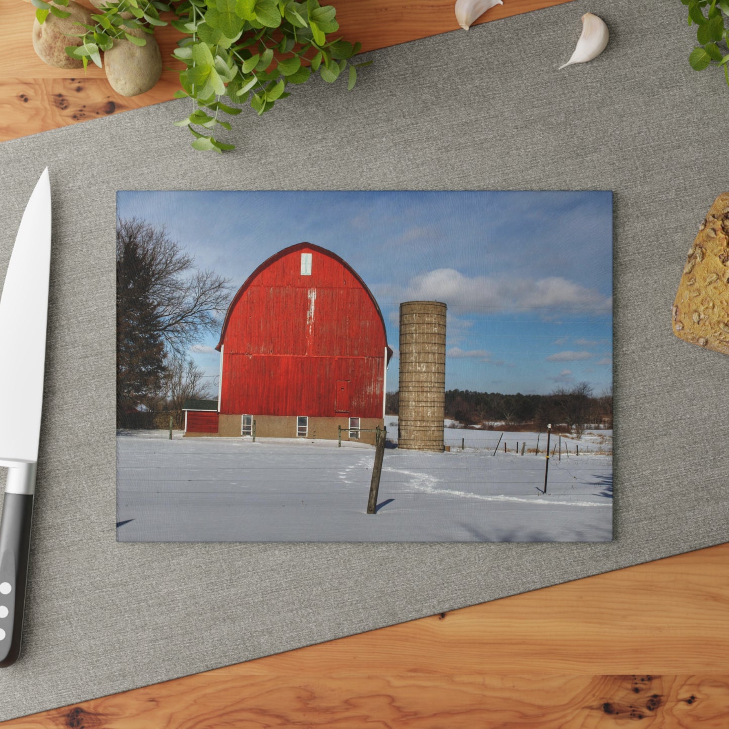 U R There Photography Barnes Road Winter Red Rustic Farmhouse Tempered-Glass Cutting Board