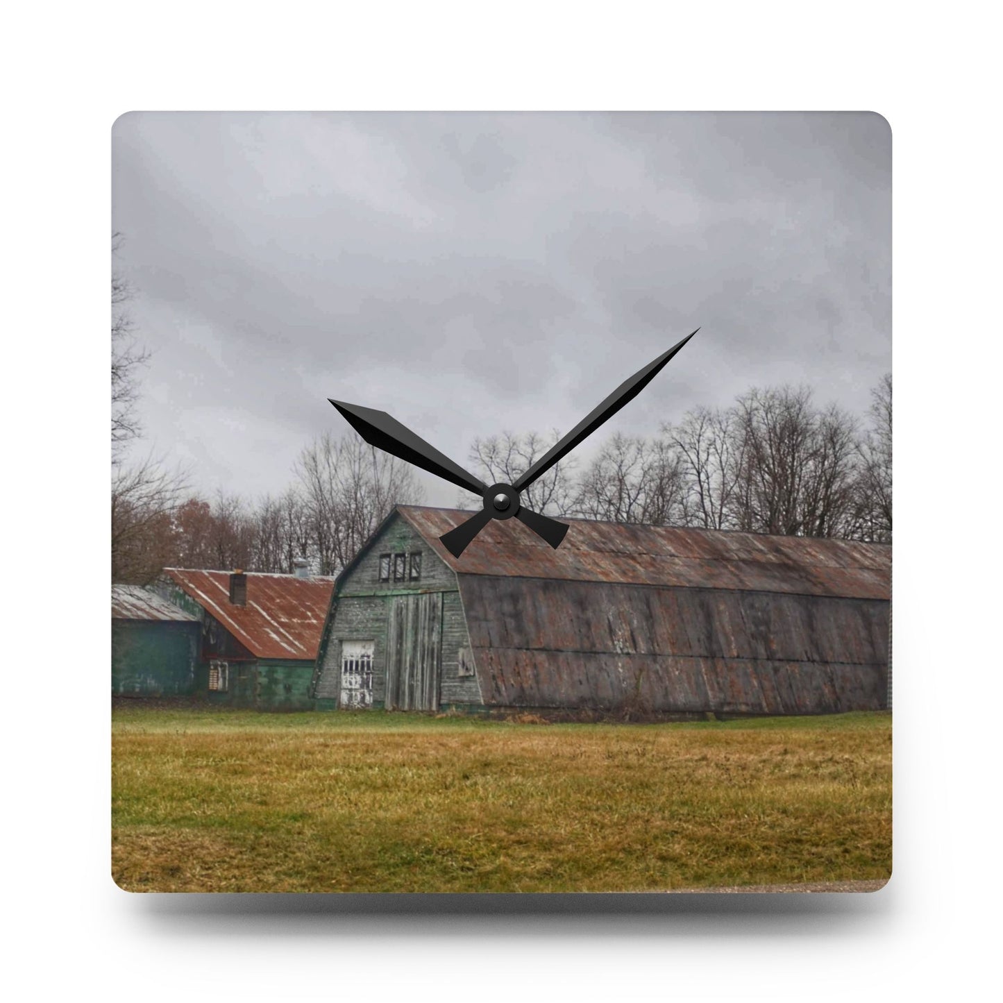 U R There Photography Hough Road Green Quonset III Rustic Farmhouse Acrylic Analog Wall Clock