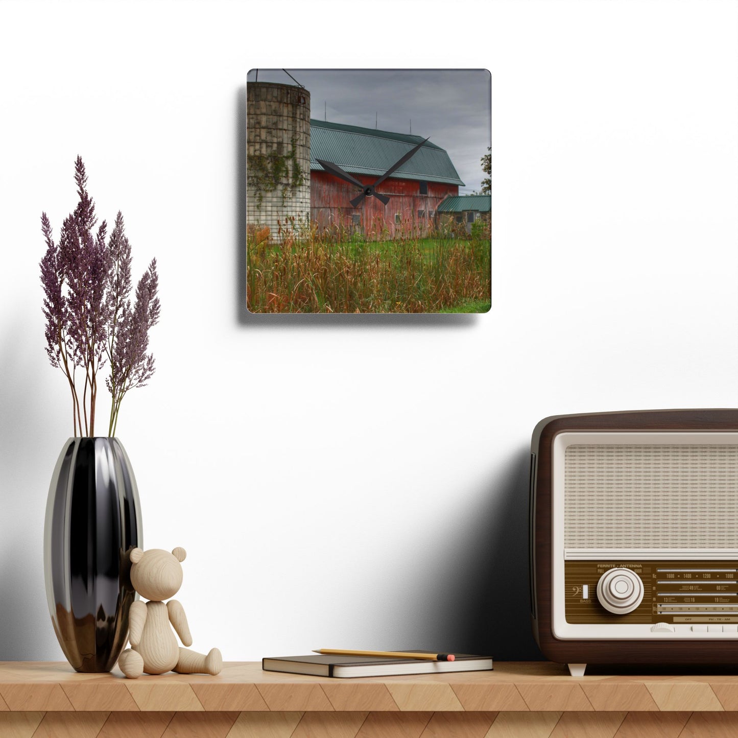 U R There Photography Plumb Creek Road Red II Rustic Farmhouse Acrylic Analog Wall Clock