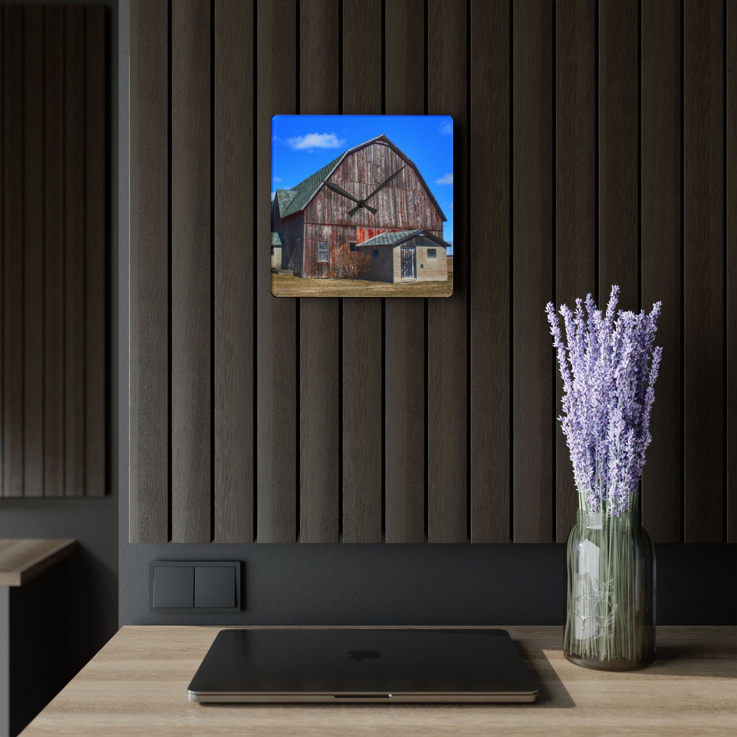 U R There Photography Roedel Road Red in Spring Rustic Farmhouse Acrylic Analog Wall Clock