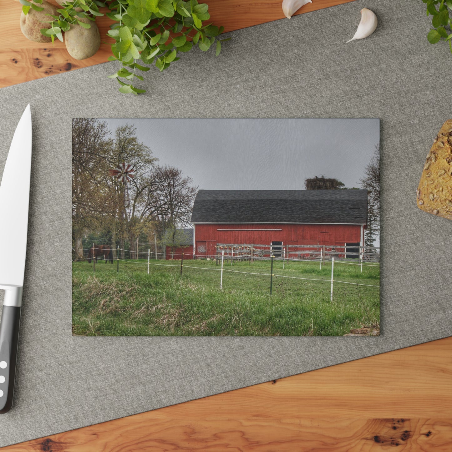 U R There Photography West Lake Road Farm and Filly II Rustic Farmhouse Tempered-Glass Cutting Board