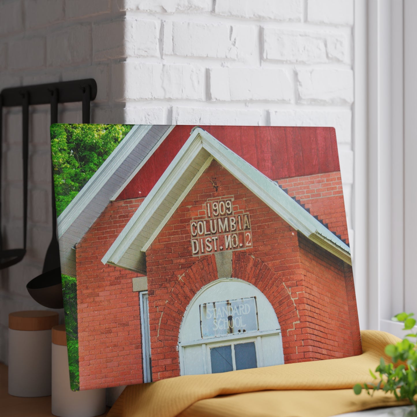 U R There Photography French Road Old Standard Schoolhouse II Rustic Farmhouse Tempered-Glass Cutting Board