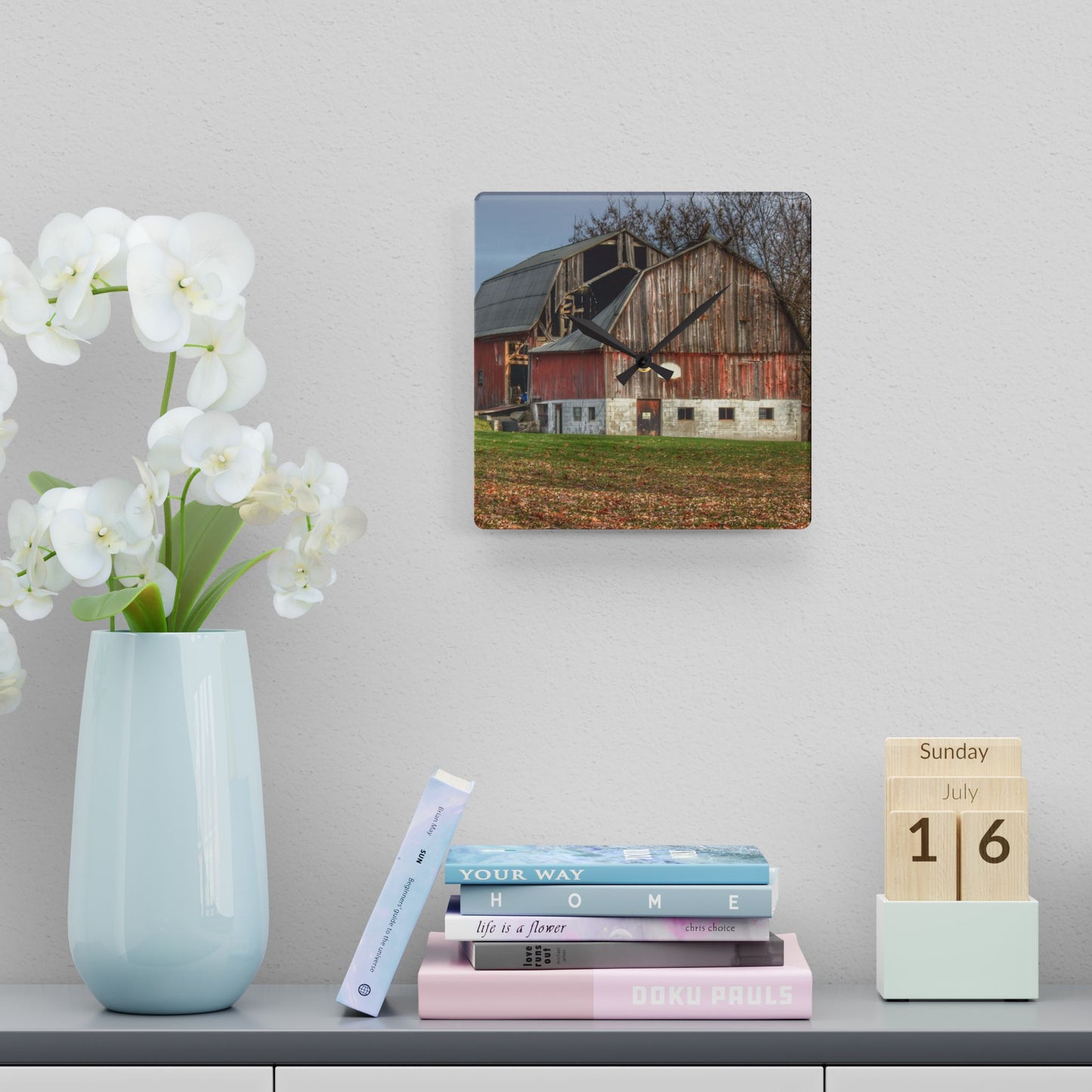 U R There Photography Crawford Road Old Red Rustic Farmhouse Acrylic Analog Wall Clock
