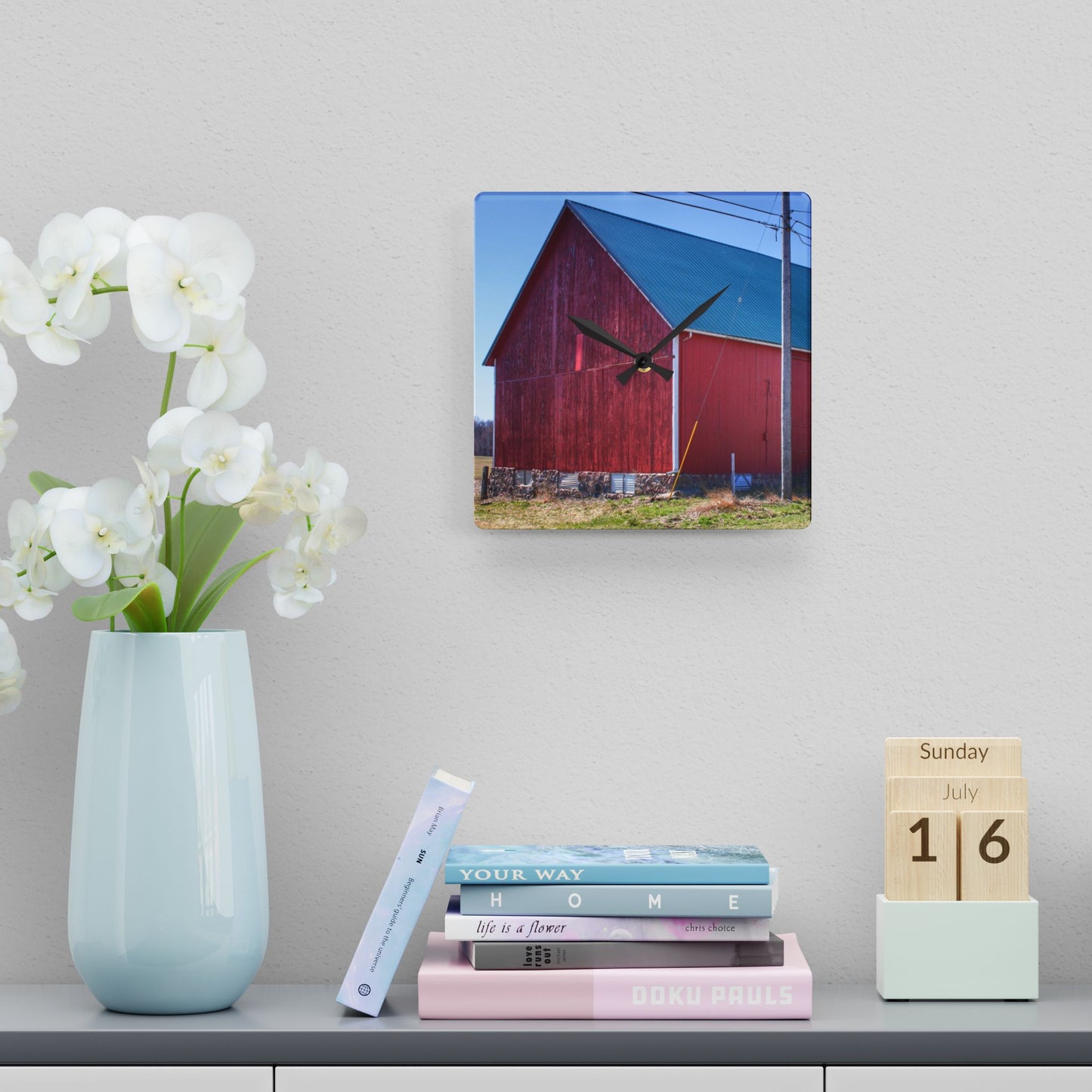 U R There Photography Imlay City Road Red II Rustic Farmhouse Acrylic Analog Wall Clock