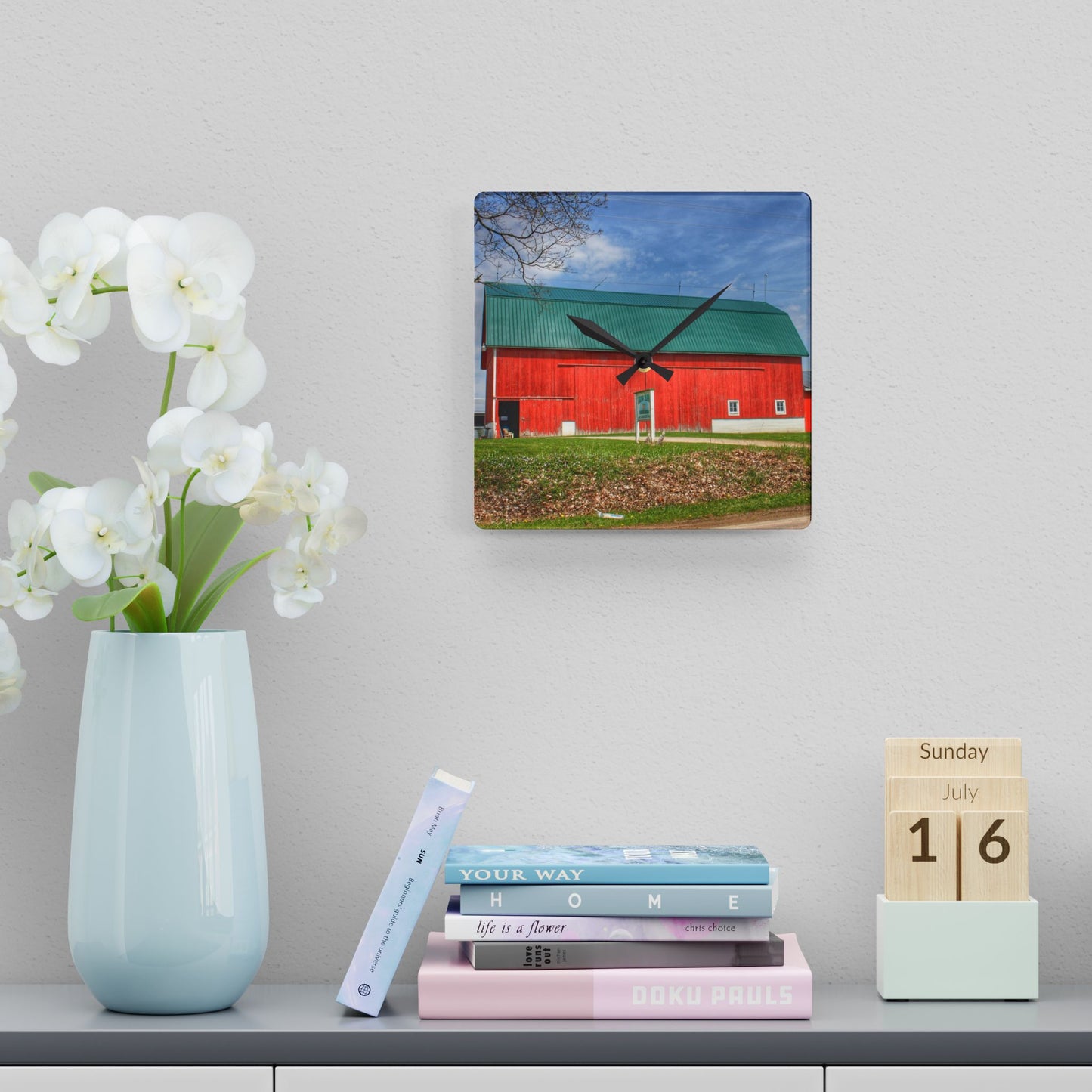 U R There Photography Coldwater Road Red II Rustic Farmhouse Acrylic Analog Wall Clock