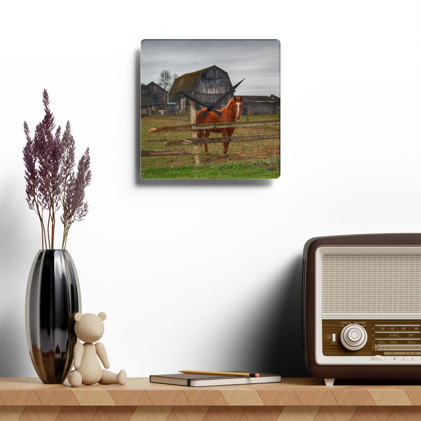 U R There Photography South Summers Road Old Grey and Caramel IV Rustic Farmhouse Acrylic Analog Wall Clock