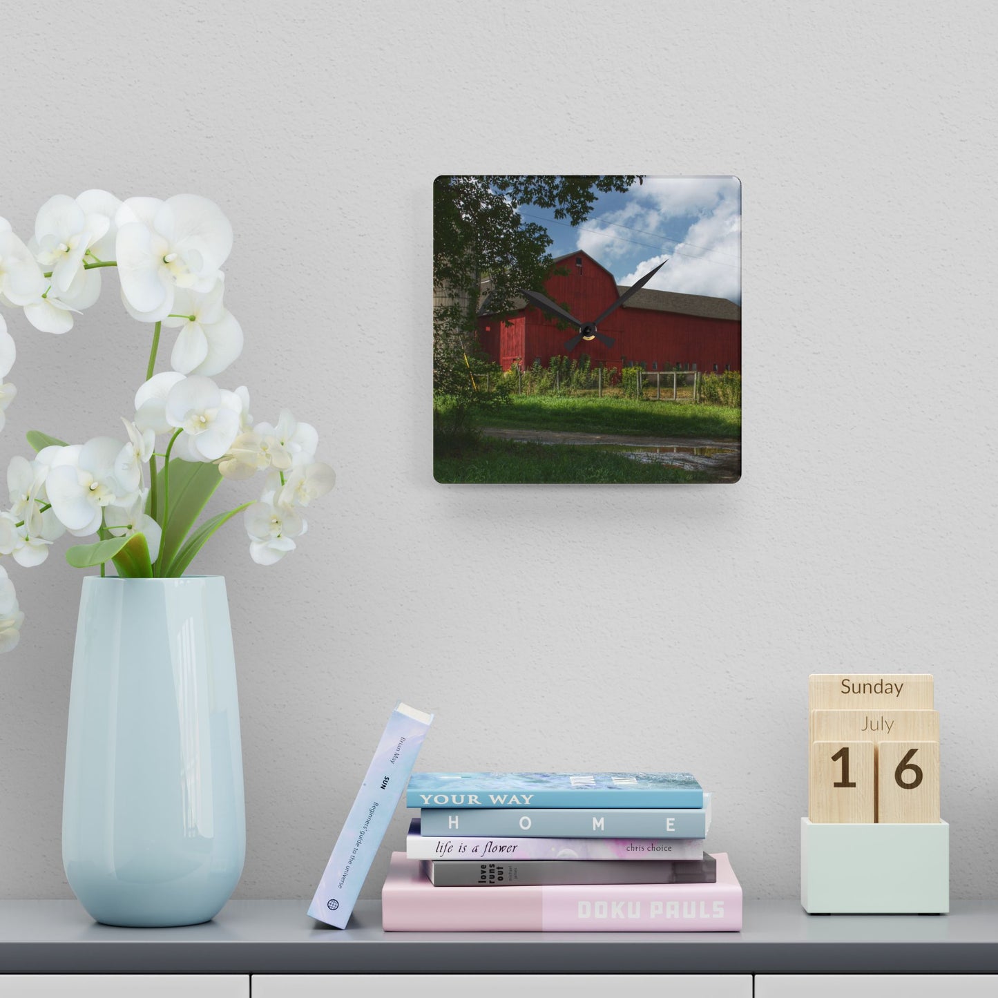 U R There Photography Metamora Road Red Rustic Farmhouse Acrylic Analog Wall Clock
