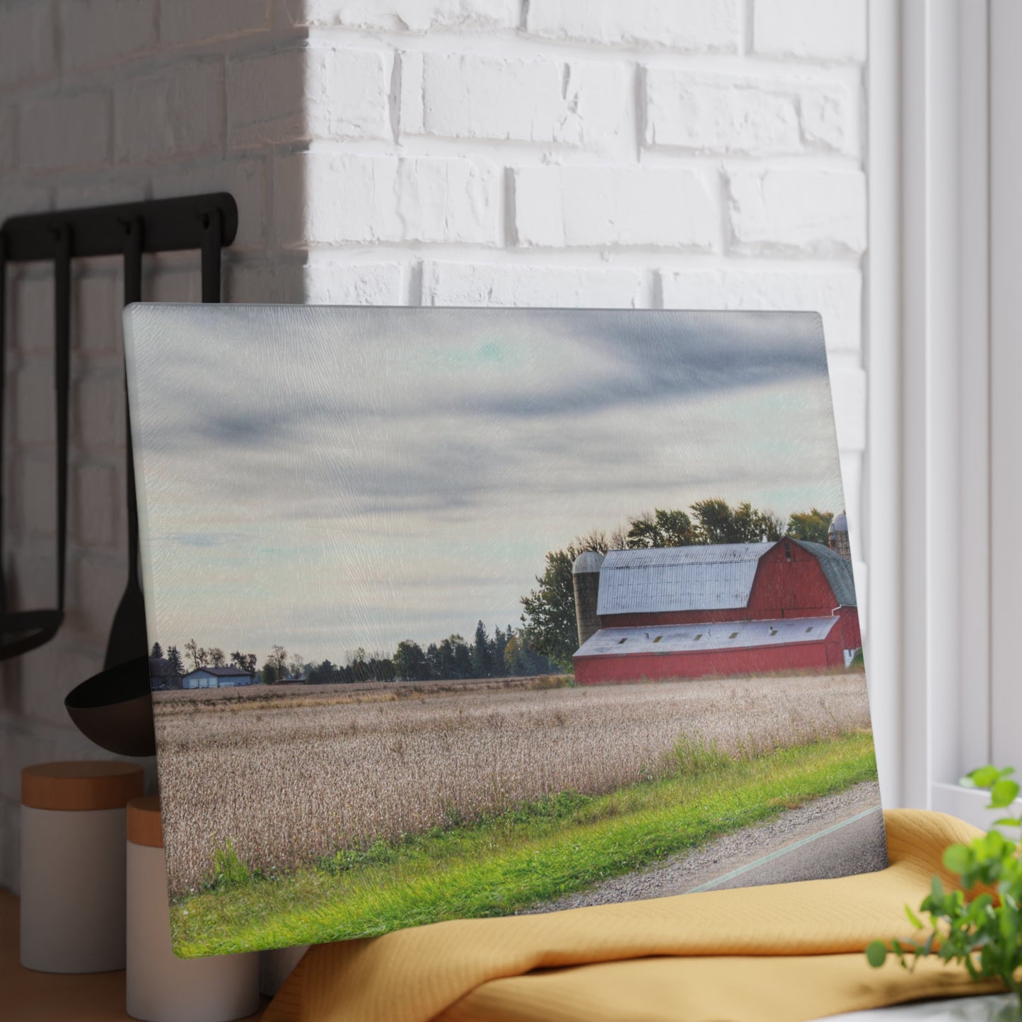 U R There Photography Brown City Red II Rustic Farmhouse Tempered-Glass Cutting Board
