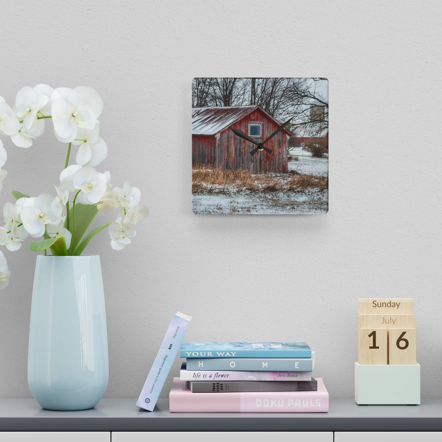 U R There Photography Frenchline Road Red Shack Rustic Farmhouse Acrylic Analog Wall Clock