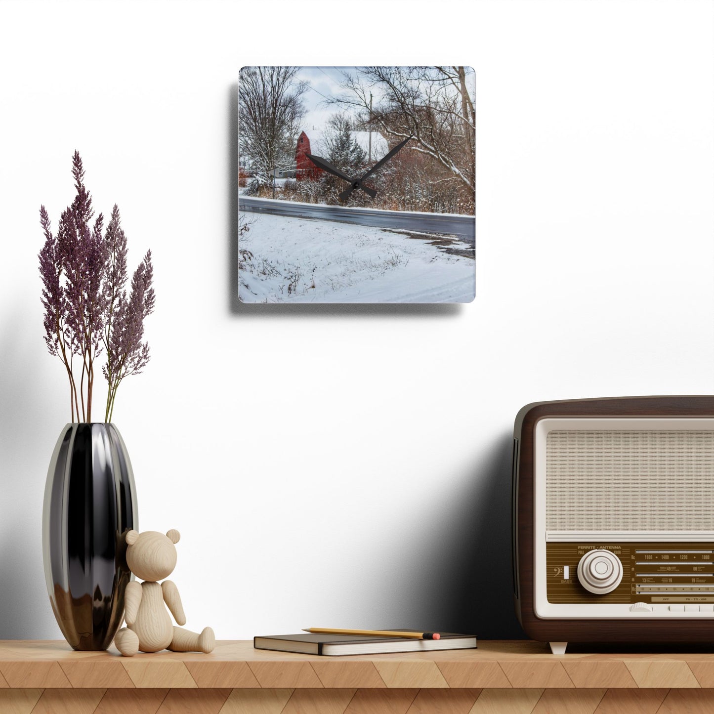 U R There Photography Dodge Road Winter Red Rustic Farmhouse Acrylic Analog Wall Clock